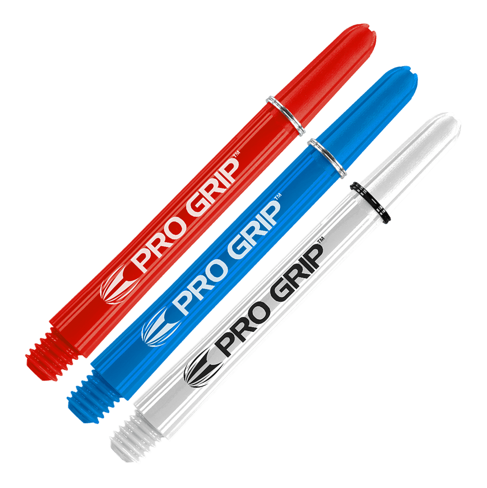 Target Pro Grip Shafts - 3 sady - červená modrá bílá Das Bild zeigt drei Dartschäfte in den Farben Rot, Blau und Weiß. Auf jedem Schaft steht der Schriftzug "PRO GRIP".
