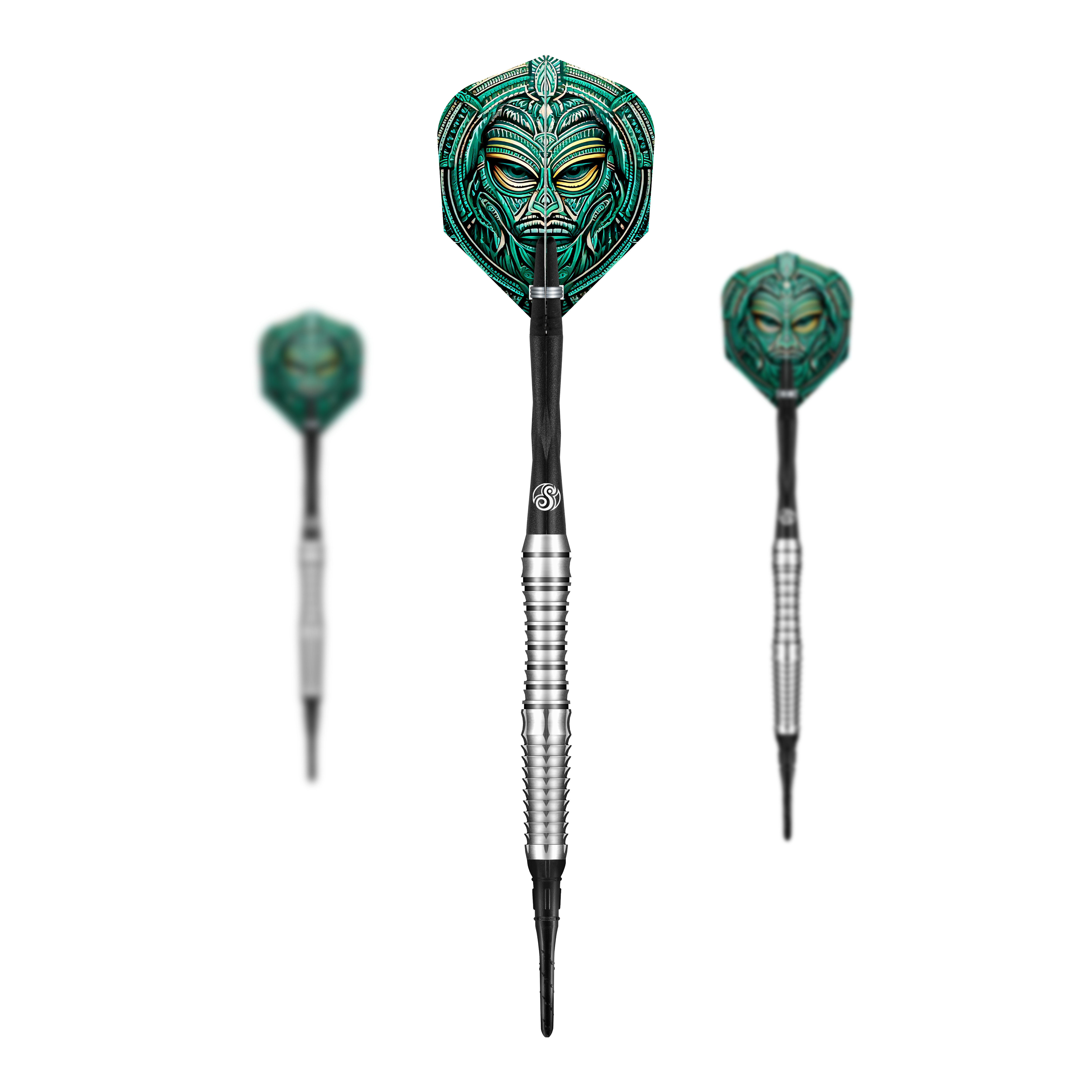 Das Bild zeigt drei Softdarts des Produkts "Shot Tribal Weapon Toki". Die Flights sind mit einem auffälligen, grün-türkisen Tribal-Motiv verziert.