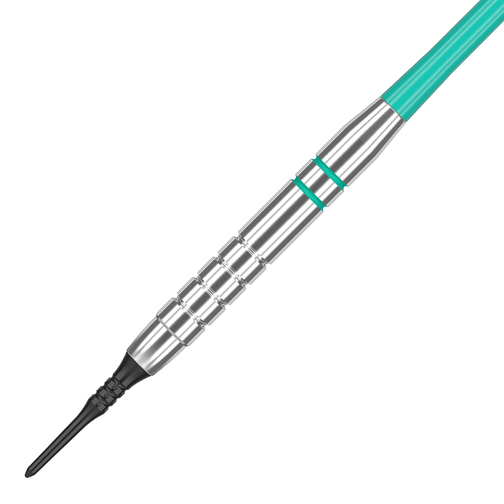 100550_Target_Rob_Cross_Silver_Voltage_Softdarts_2 Das Bild zeigt einen Target Rob Cross Silver Voltage Softdart mit einem Gewicht von 18 Gramm. Der Dartpfeil hat ein silbernes Barrel mit türkisfarbenen Akzenten und einer schwarzen Softspitze.