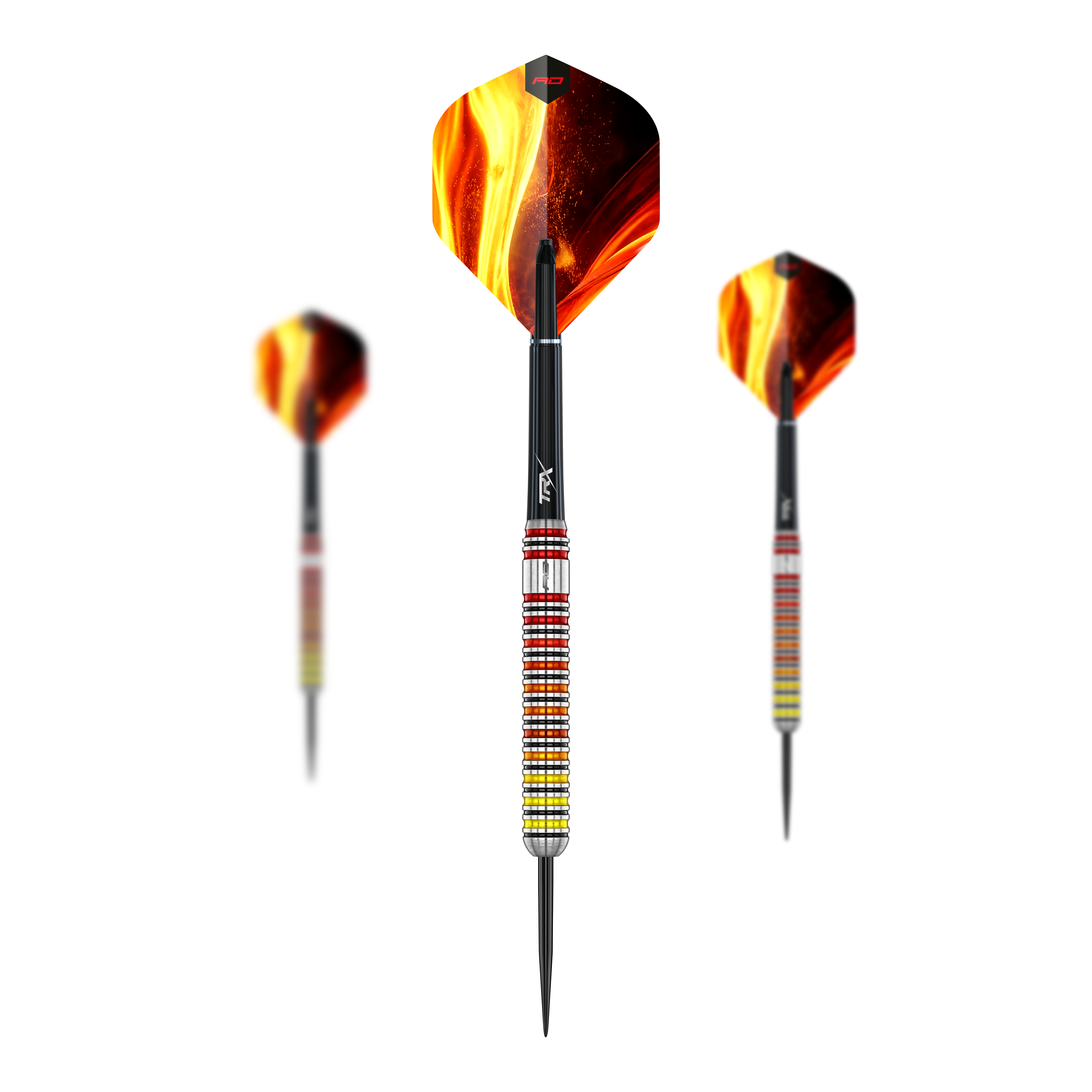 Ocelové šipky Red Dragon Furnace Hier sehen Sie das Set der Red Dragon Furnace Steeldarts. Die Darts sind in einer geordneten Anordnung dargestellt.