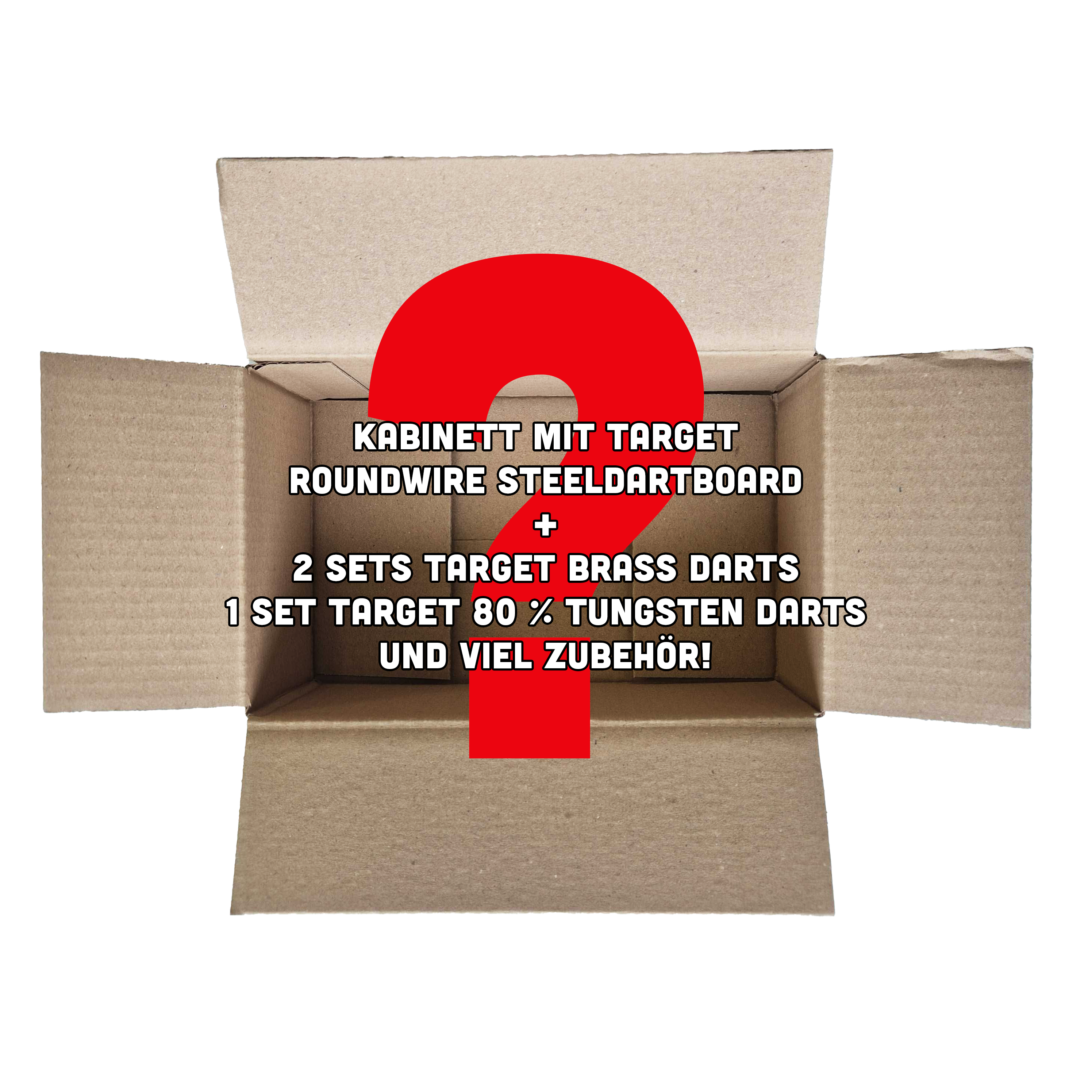 McDart Mystery Box - měkké šipky Auf dem Bild ist eine offene Pappschachtel mit einem großen roten Fragezeichen zu sehen. Darauf steht geschrieben, dass die Box ein Target Roundwire Steeldartboard, Dartsets und viel Zubehör enthält.