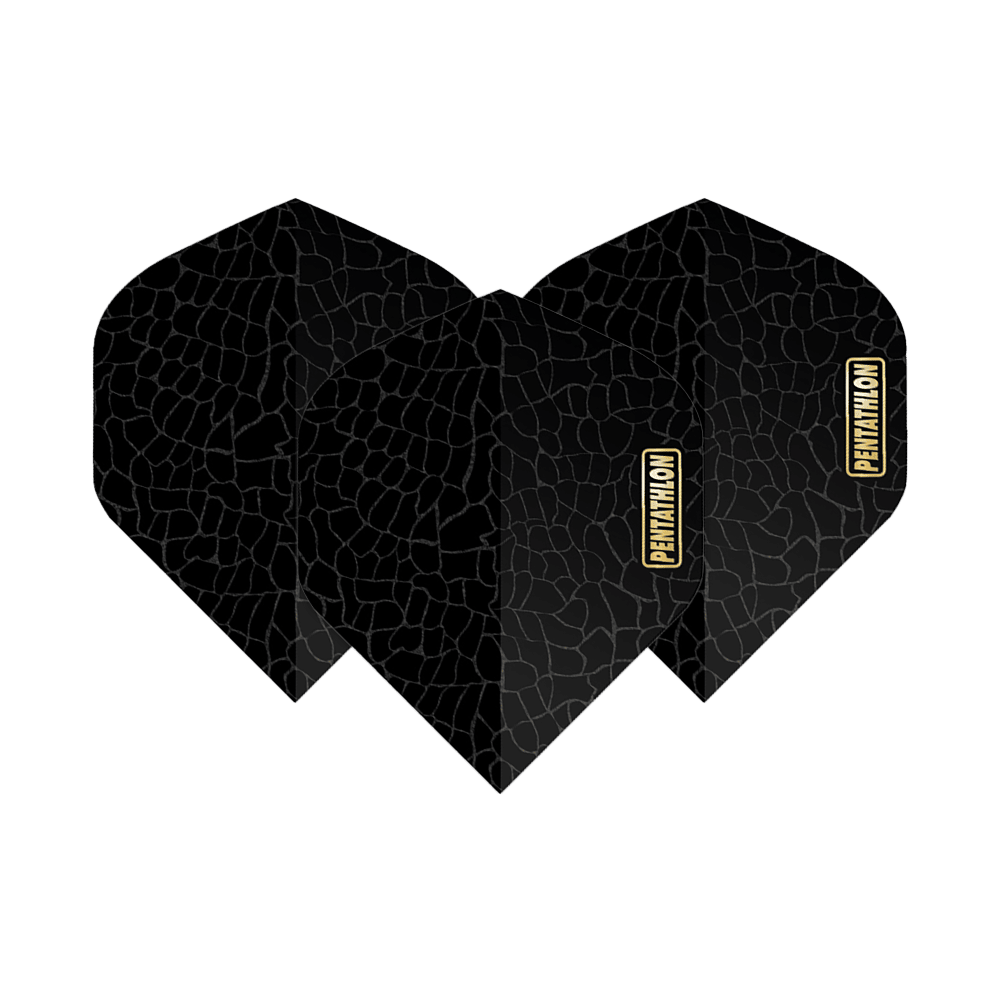 Váhy pro pětibojové lety RT Das Bild zeigt die "Pentathlon RT Scales No2 Standard Flights" für Darts. Die Flights sind schwarz mit einem dezenten Schuppenmuster und haben ein goldfarbenes Pentathlon-Logo.
