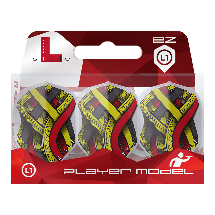 Letenky Rene Eidams V4 Clear White L1EZ ve stylu L Die Abbildung zeigt eine Packung mit drei L-Style Mike De Decker Type A Clear White L1EZ Flights. Das Design ist bunt mit roten, gelben und schwarzen Elementen.