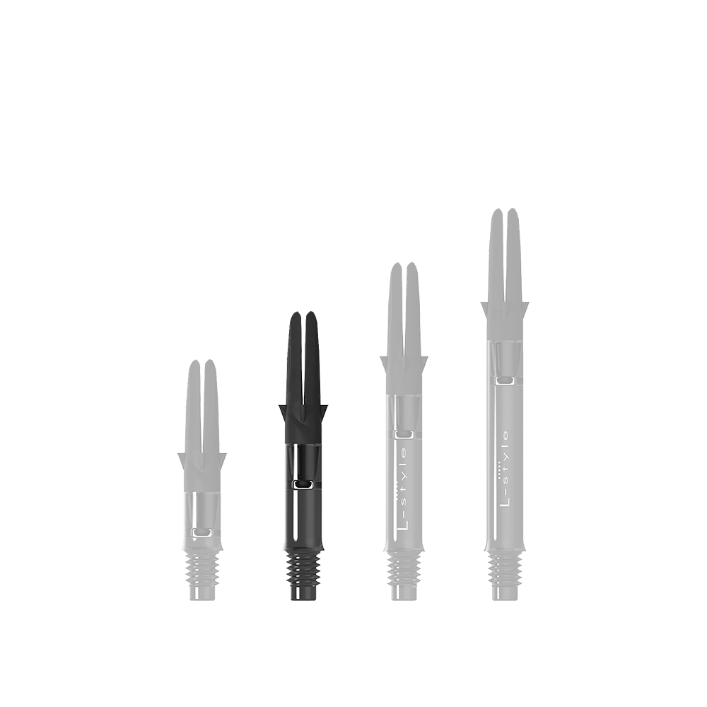 L-L-Style-Shaft Carbon Silent Straight - Černá Das Bild zeigt drei schwarze Dartshafts in unterschiedlicher Länge. Sie sind aus Carbon gefertigt und tragen die Aufschrift "L-Style".