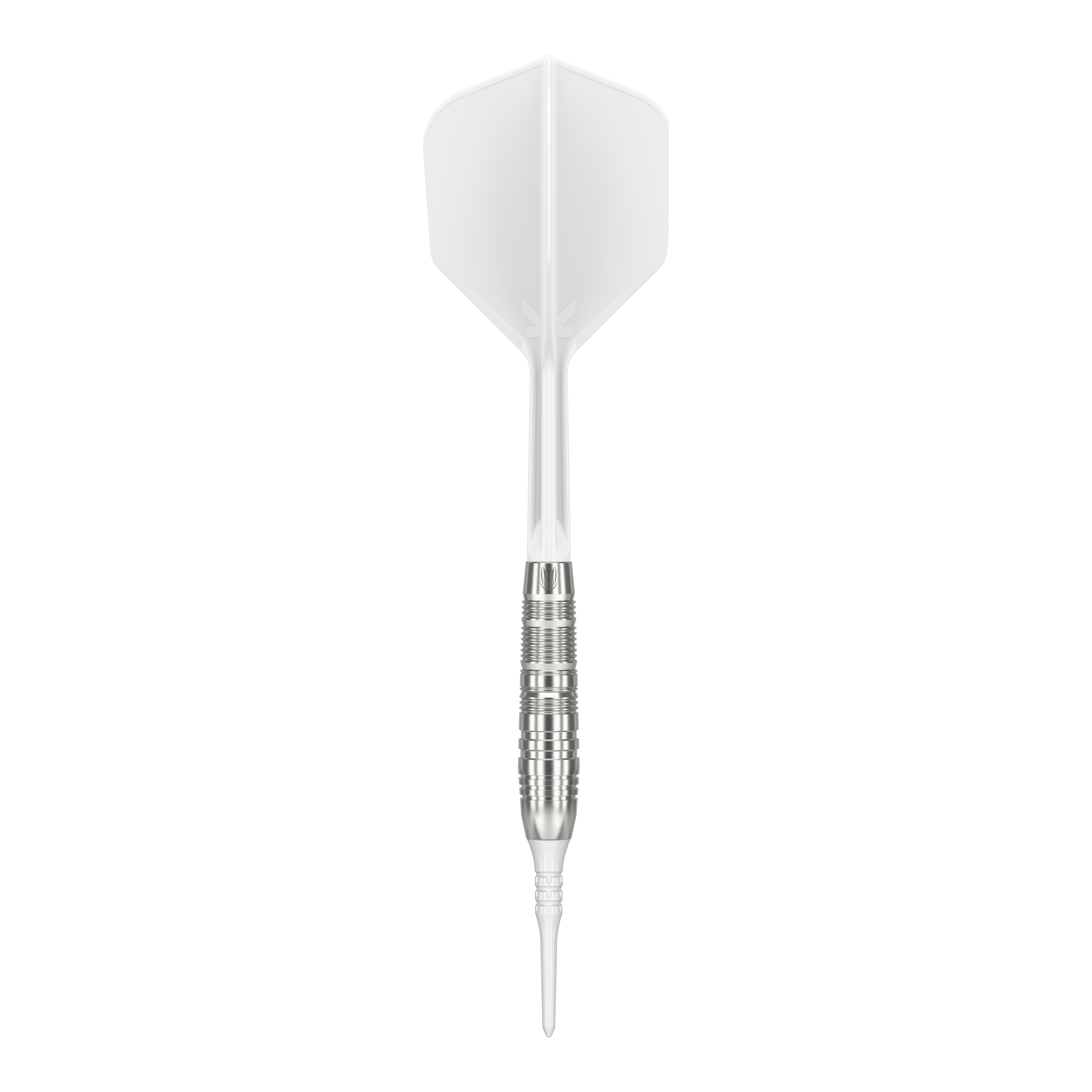 Měkké šipky Target Japan Crux Trust - 17g Das Bild zeigt einen Target Japan Crux Trust Softdart mit einem Gewicht von 17 Gramm. Der Dart hat einen silbernen, gerillten Schaft und weiße Flights.
