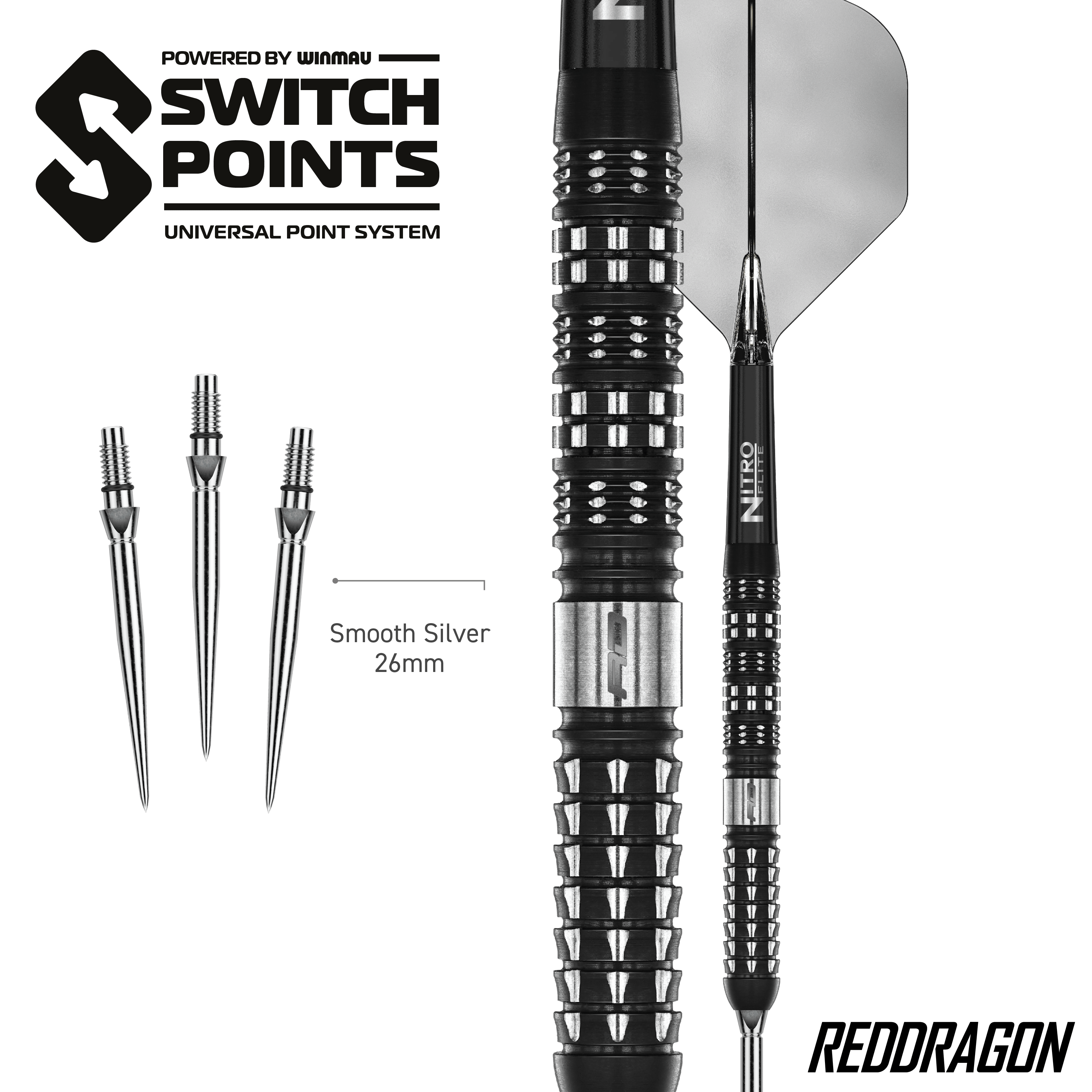 Auf dem Bild sind die Red Dragon Recon Parallel Steeldarts zu sehen. Die Darts haben ein paralleles Barrel-Design für gleichmäßigen Griff.
