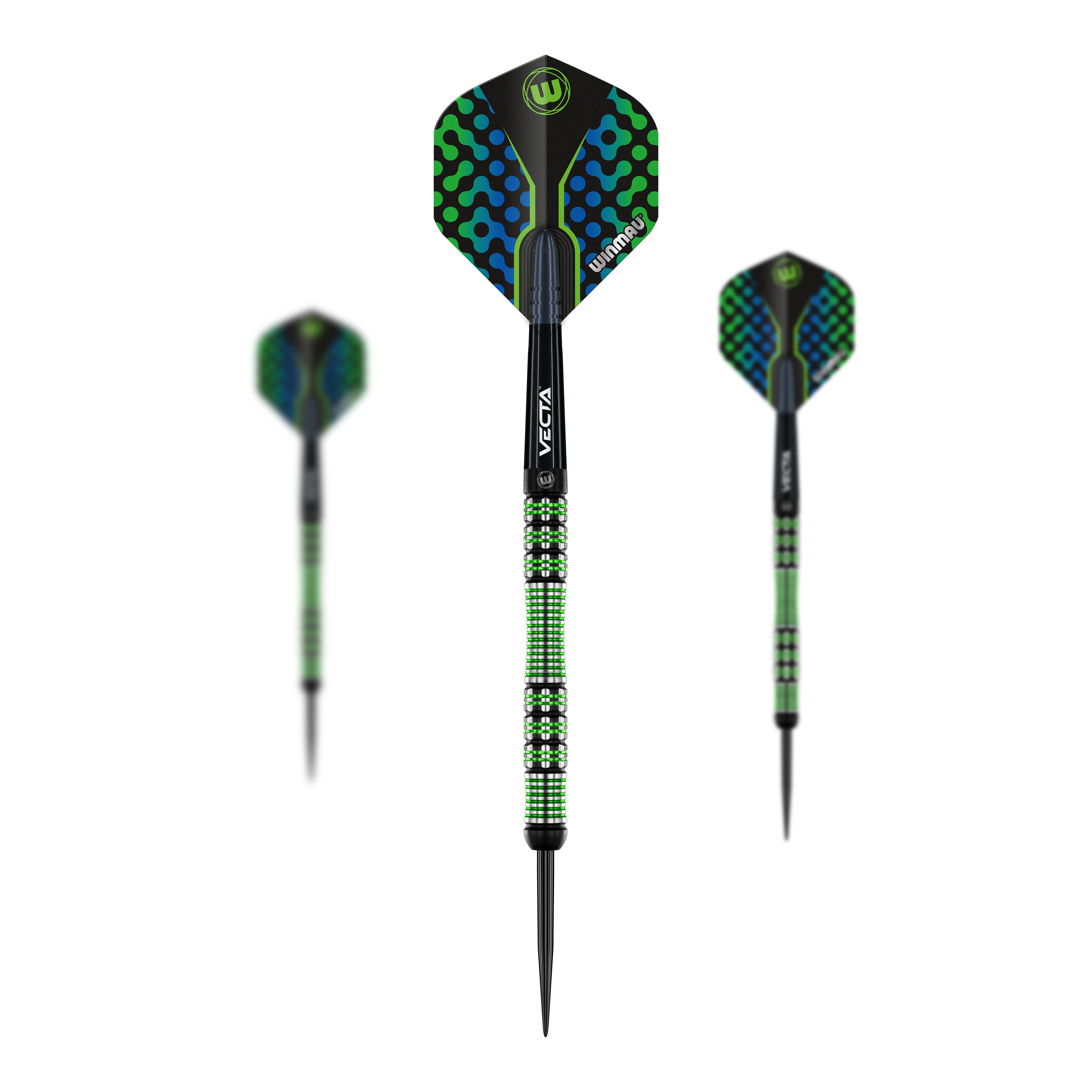 Steel šipky Winmau Brendan Dolan Das Bild zeigt drei Winmau Brendan Dolan Steeldarts mit auffälligem grün-blauem Design. Die Darts haben schwarz-grün gemusterte Griffe und schwarze Spitzen.