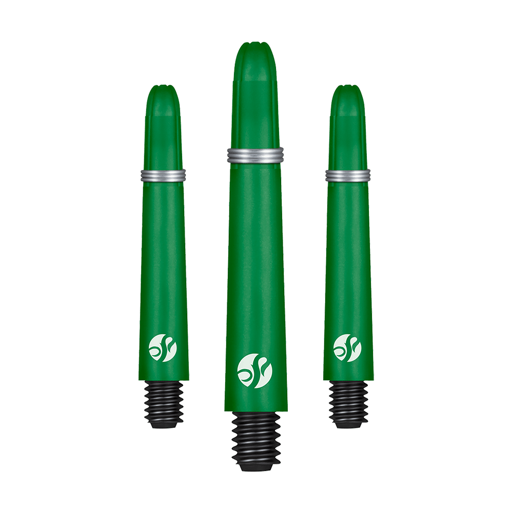Auf dem Bild sind drei grüne Dartschäfte mit schwarzem Gewinde zu sehen. Jeder Schaft hat einen silbernen Ring und ein weißes Logo aufgedruckt.