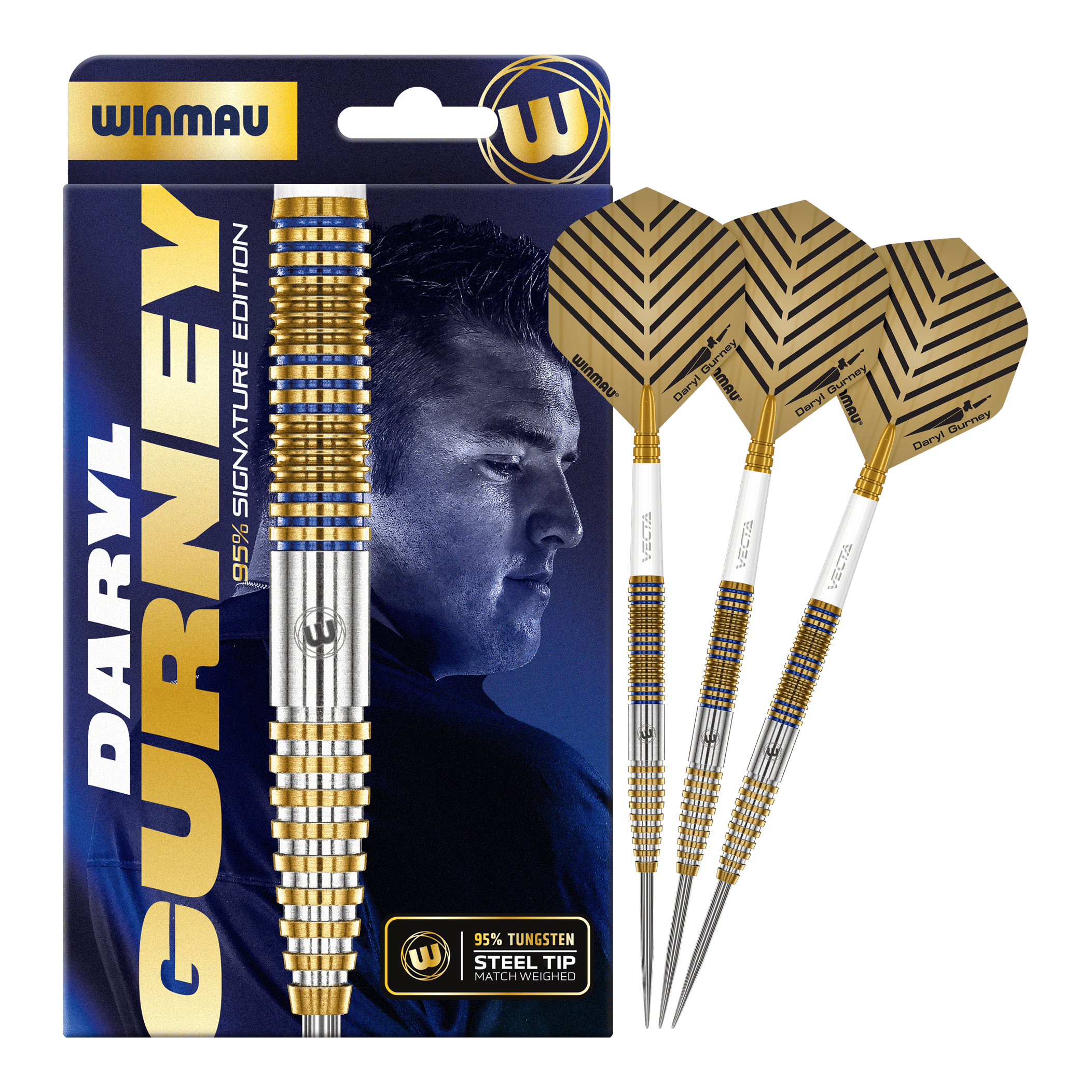Abgebildet ist das Set Winmau Daryl Gurney Signature Edition Steeldarts - 23g. Die Pfeile zeichnen sich durch ihre hochwertige Verarbeitung aus.