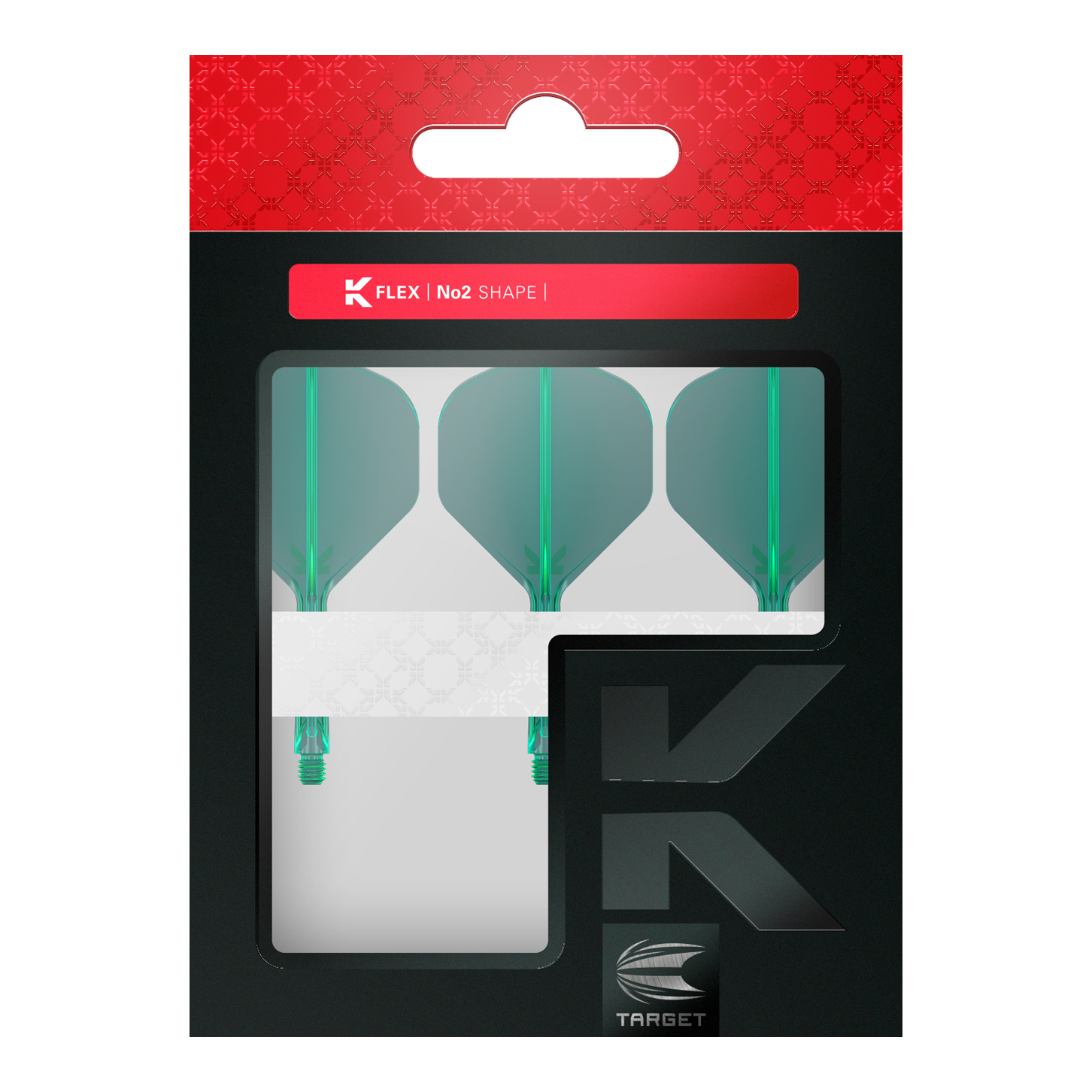 Standardní letový systém Target K-Flex No2 - zelený Auf dem Bild ist eine Packung mit drei grünen Dartflights der Marke Target zu sehen. Die Verpackung ist überwiegend schwarz mit einem roten oberen Abschnitt und dem Aufdruck "K FLEX | No2 SHAPE".