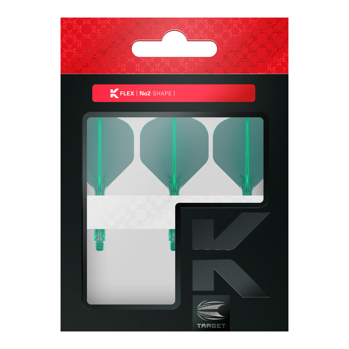 Standardní letový systém Target K-Flex No2 - zelený Dart-Flights mit gleichmäßiger Flächenstruktur und definierter Form sind abgebildet. Die Produkte liegen sortiert neben- und übereinander.