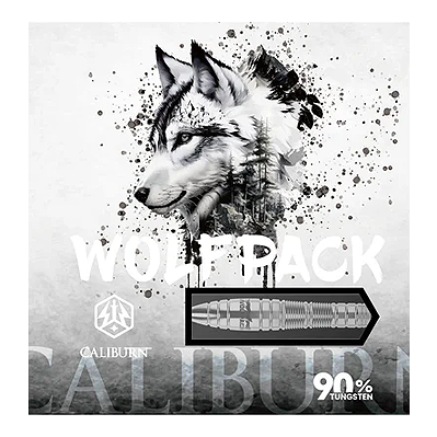 Das Bild zeigt die Verpackung der Caliburn Wolfpack W2 Steeldarts – 22g mit einer stilisierten Zeichnung eines Wolfes. Auf der Verpackung steht außerdem "90% Tungsten".