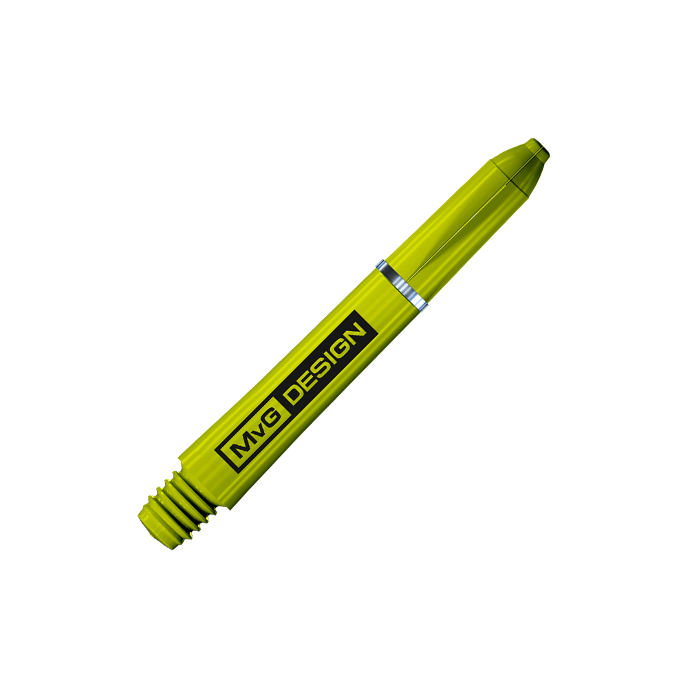 7100_Winmau_Nylon_Ring_Grip_MvG_Design_Shafts_35mm_2 Das Bild zeigt einen gelben Dartshaft mit der Aufschrift "MvG DESIGN". Es handelt sich um das Produkt "Winmau Nylon Ring Grip MvG Design Shafts".