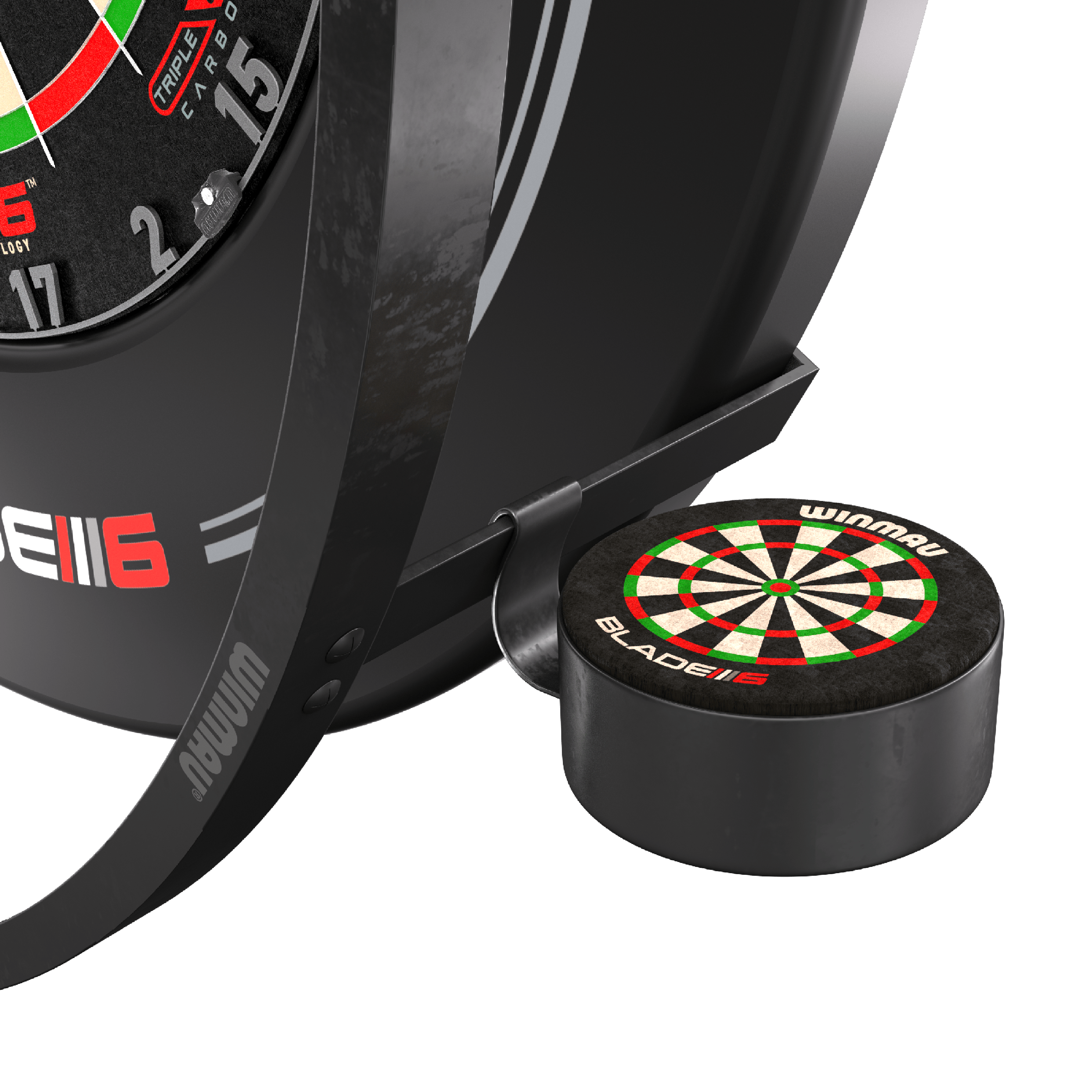 Sada příslušenství Winmau Plasma Das Bild zeigt das Winmau Plasma Zubehör Set für Dartscheiben. Zu sehen sind Teile des Zubehörs sowie ein Element mit einem aufgedruckten Dartboard-Design.