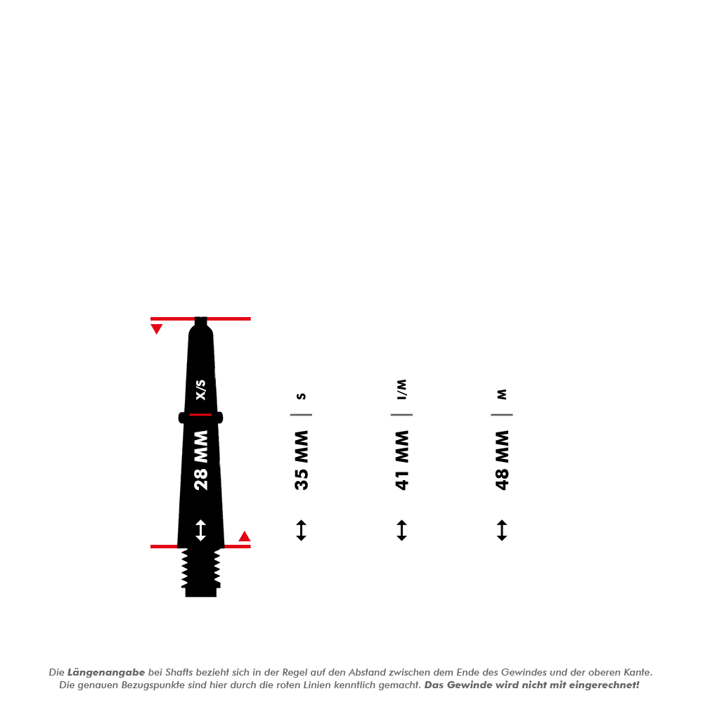 Das Bild zeigt die schwarzen Bulls B-Grip-2 SL Shafts in verschiedenen Längen. Es werden die Größen XS (28 mm), S (35 mm), I/M (41 mm) und M (48 mm) dargestellt.