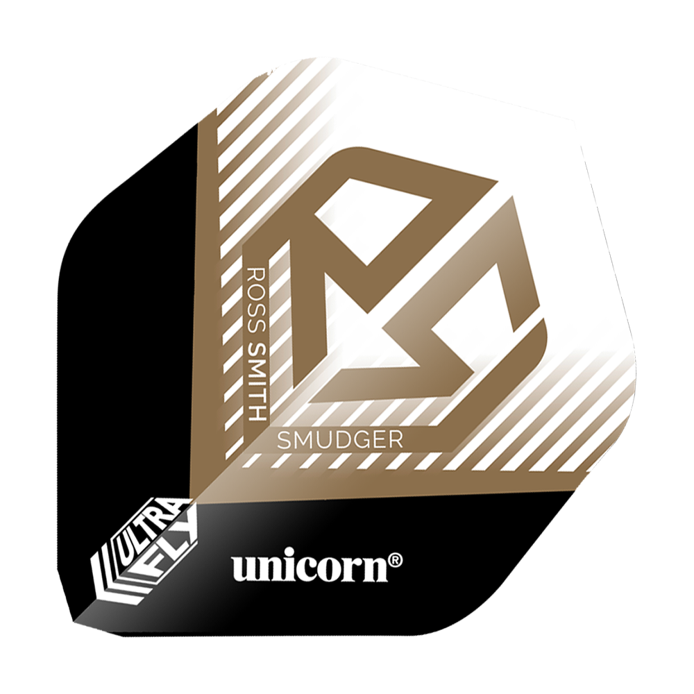 Letky Unicorn Ultrafly 100 Ross Smith Smudger AR1 Das Bild zeigt einen Dartflight mit der Aufschrift „ROSS SMITH SMUDGER“ und einem goldenen Logo auf weißem Hintergrund. Unten befinden sich die Markenbezeichnungen „ultrafly“ und „unicorn“.