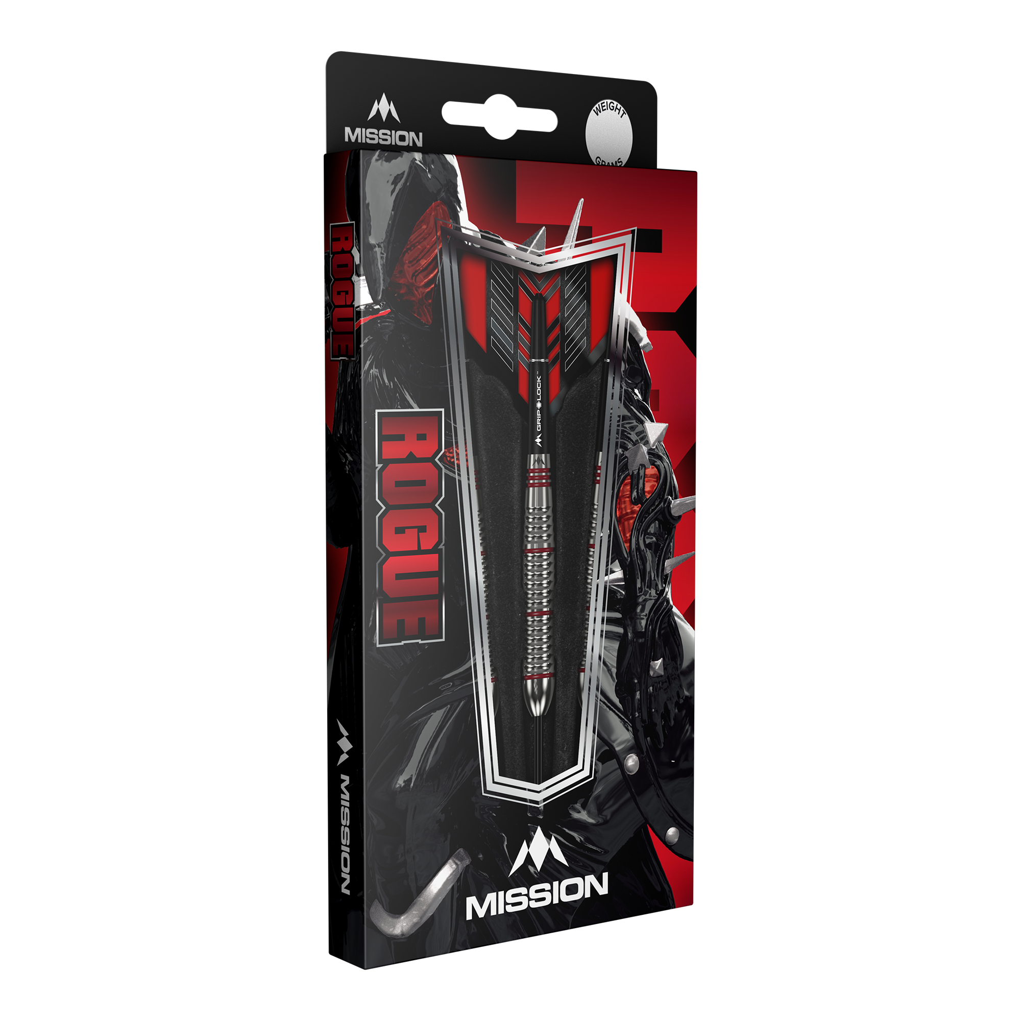 Šipky Mission Rogue Brass Steel - 22g Die Abbildung zeigt die Verpackung der "Mission Rogue Brass Steeldarts - 22g". Die Verpackung ist überwiegend schwarz und rot gestaltet und zeigt den Dartpfeil sowie das Rogue-Logo deutlich.