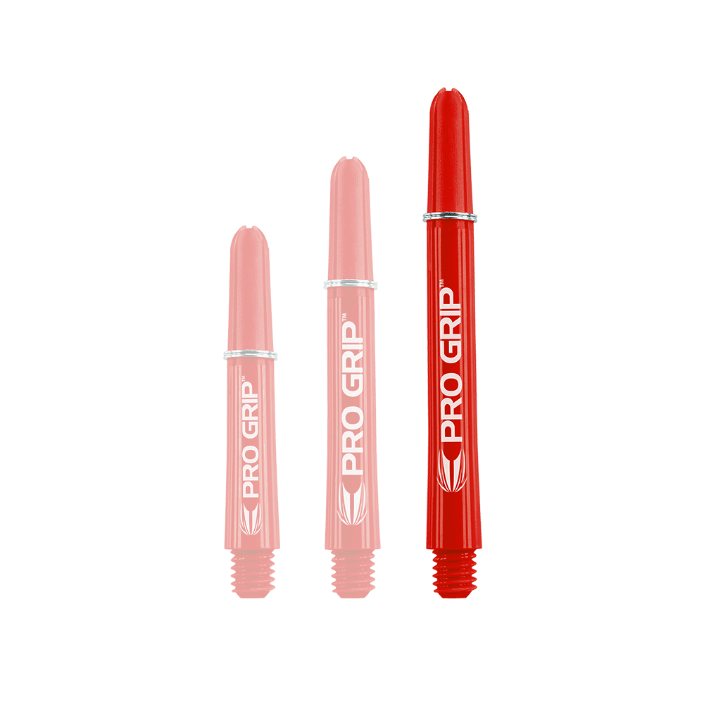 Das Bild zeigt drei rote PRO GRIP Shafts in unterschiedlichen Längen. Sie stehen nebeneinander auf weißem Hintergrund.