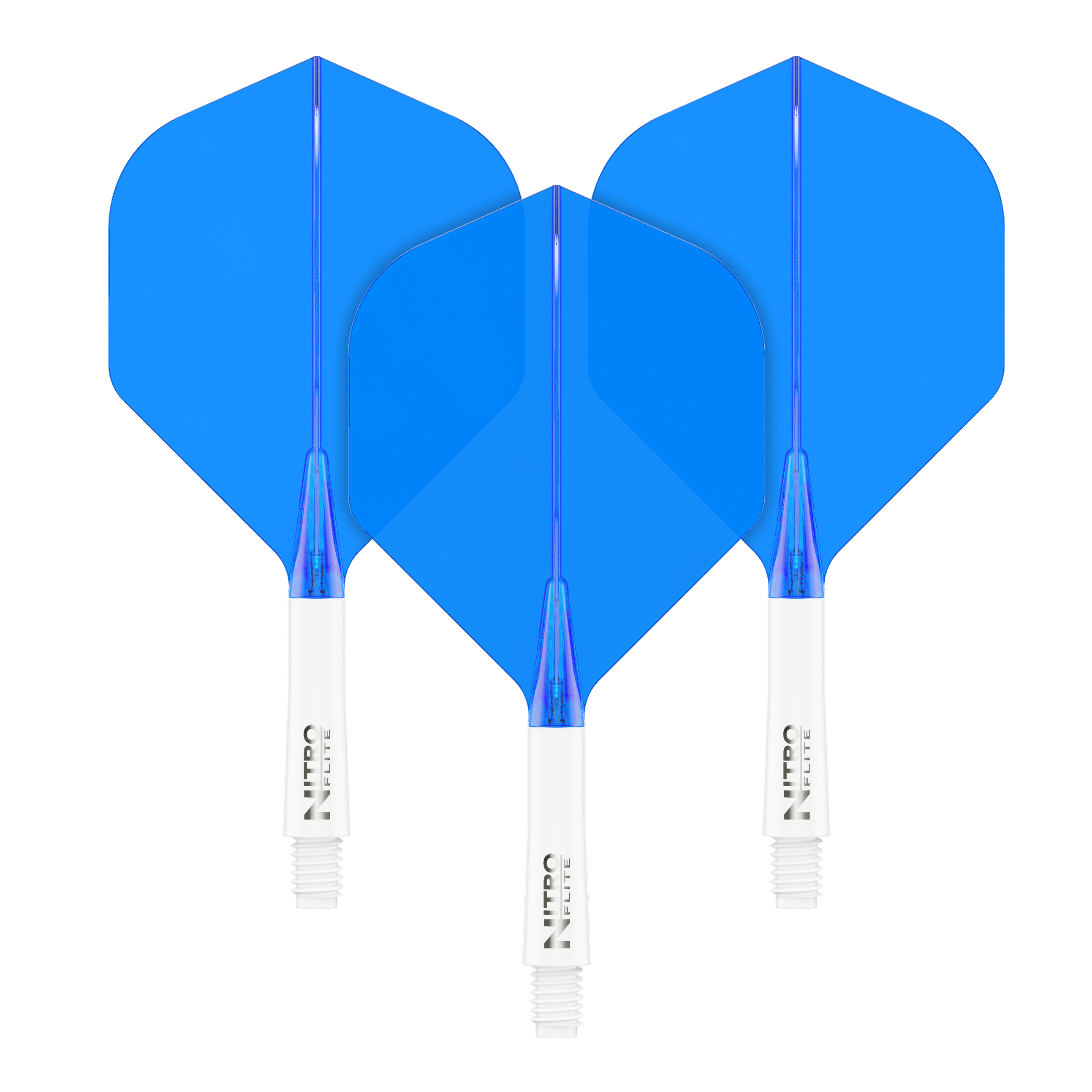 Auf dem Bild sind drei blaue Dart-Flights mit weißen Schäften zu sehen. Sie stehen nebeneinander und haben die gleiche Größe und Form.