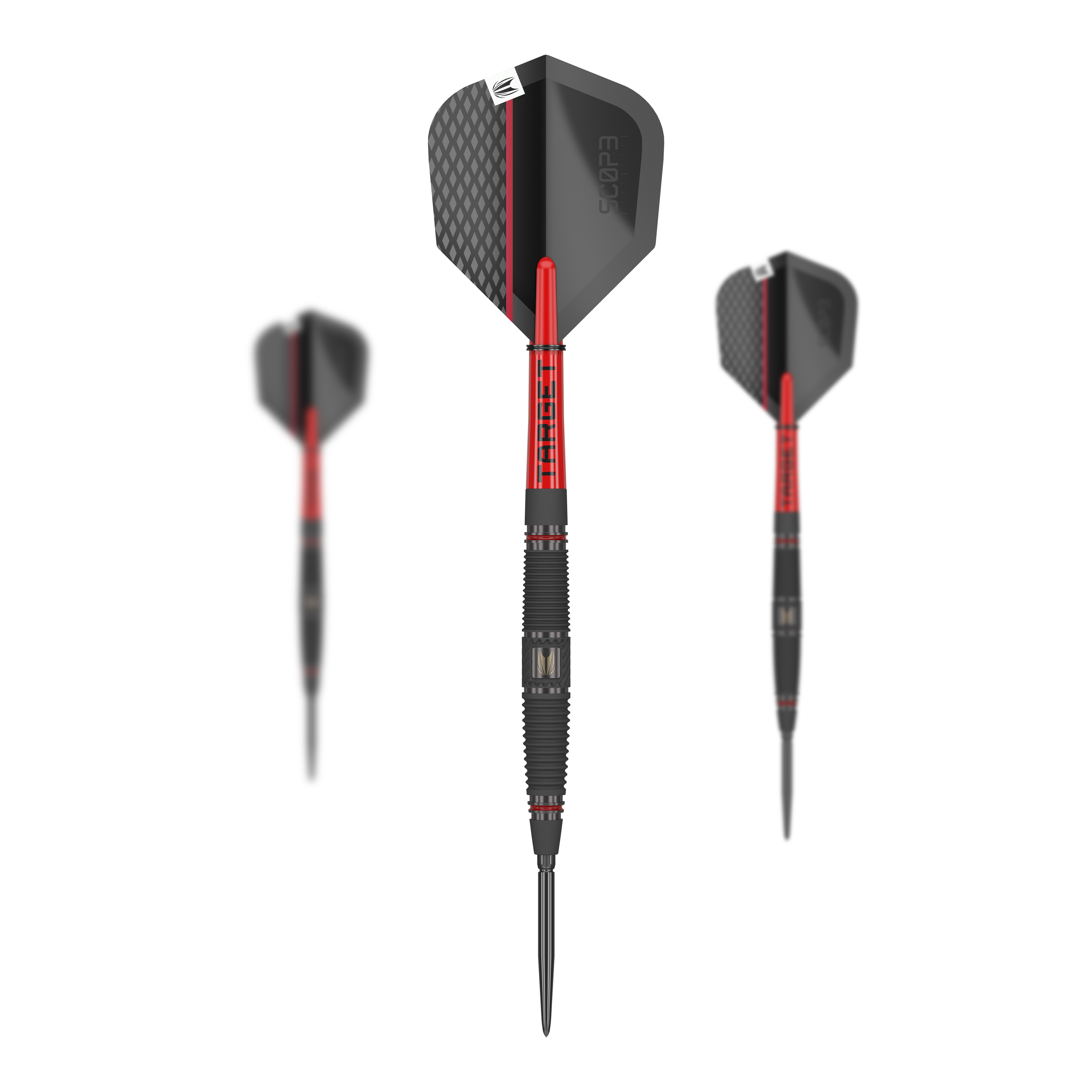 Ocelové šipky Target Scope 04 Swiss Point Auf dem Bild sind drei Steeldarts des Modells "Target Scope 04 Swiss Point" zu sehen. Die Darts haben ein modernes Design in Schwarz und Rot mit auffälligen Details.