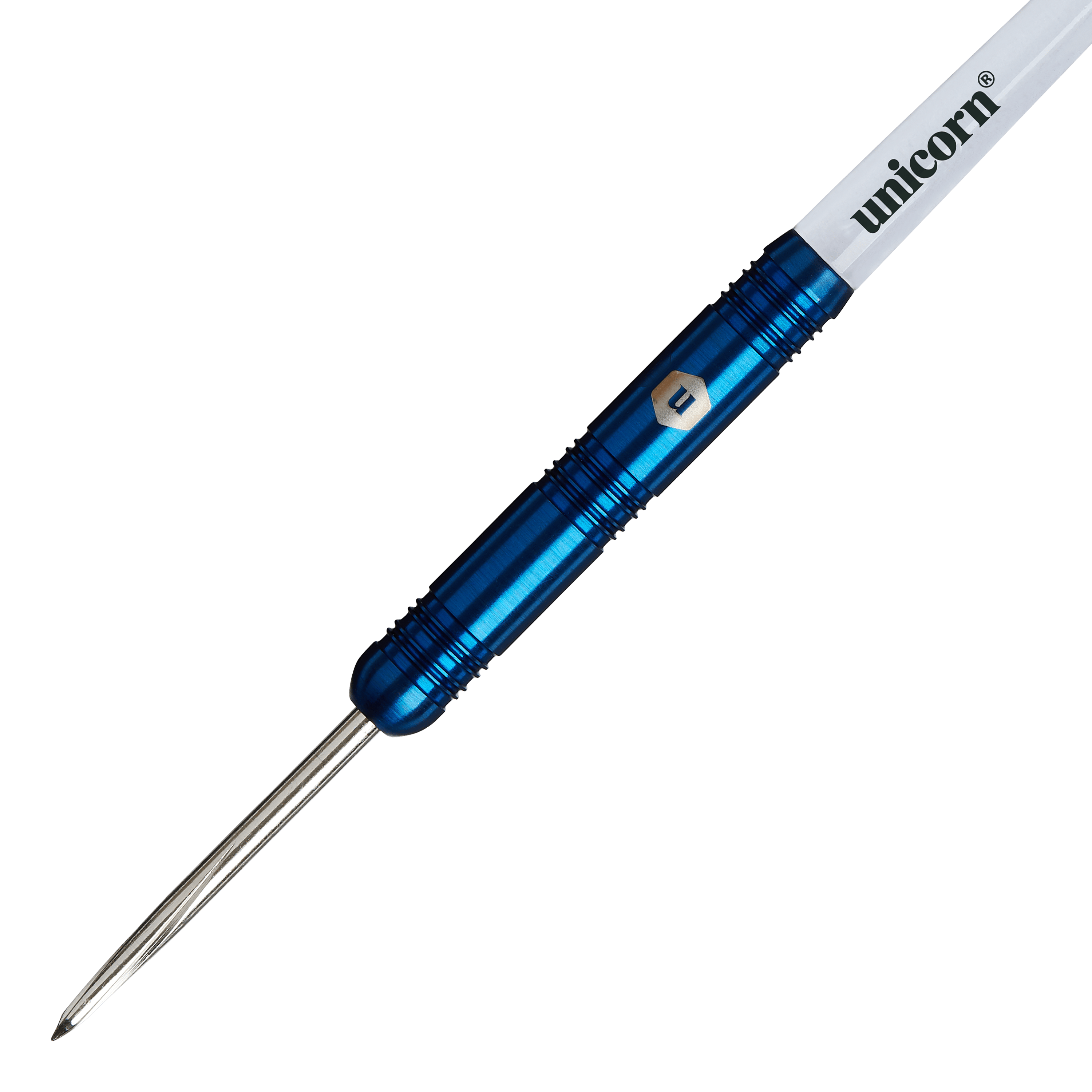 Paralelní ocelové šipky Unicorn Prodigy 01 Auf dem Bild ist ein Steeldart der Marke „Unicorn Prodigy 01 Parallel“ zu sehen. Der Dart hat einen blauen Metallkörper und einen weißen Schaft mit dem Schriftzug „unicorn“.