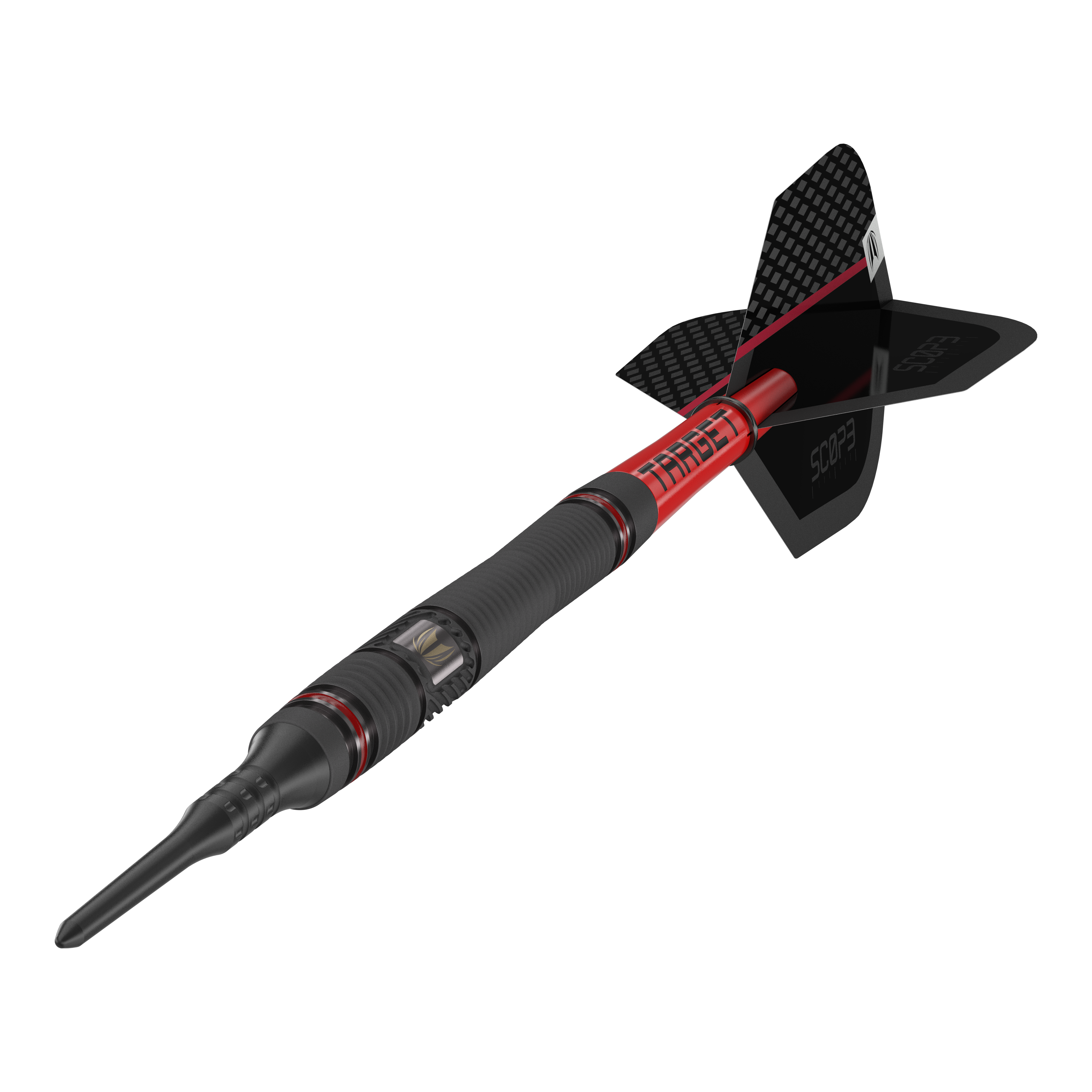 Target Scope 11 měkkých šipek Das Bild zeigt einen Target Scope 11 Softdart mit schwarzem und rotem Design. Der Dartpfeil hat eine schwarze Spitze und eine schwarze Flight-Fläche mit Schriftzug.