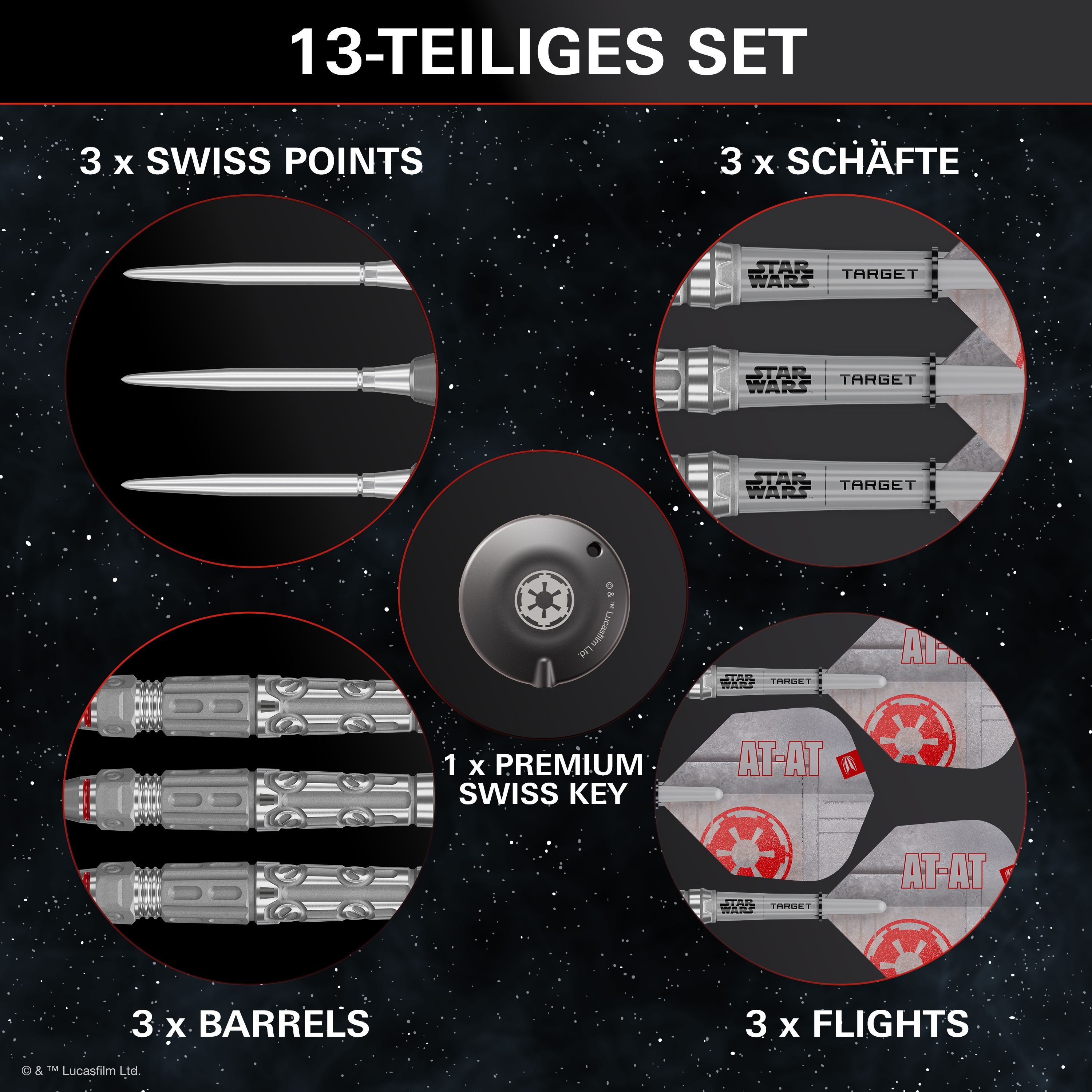 Auf dem Bild sieht man die Target Star Wars AT-AT Swiss Point Steeldarts. Sie sind von den bekannten AT-AT-Maschinen aus Star Wars inspiriert.