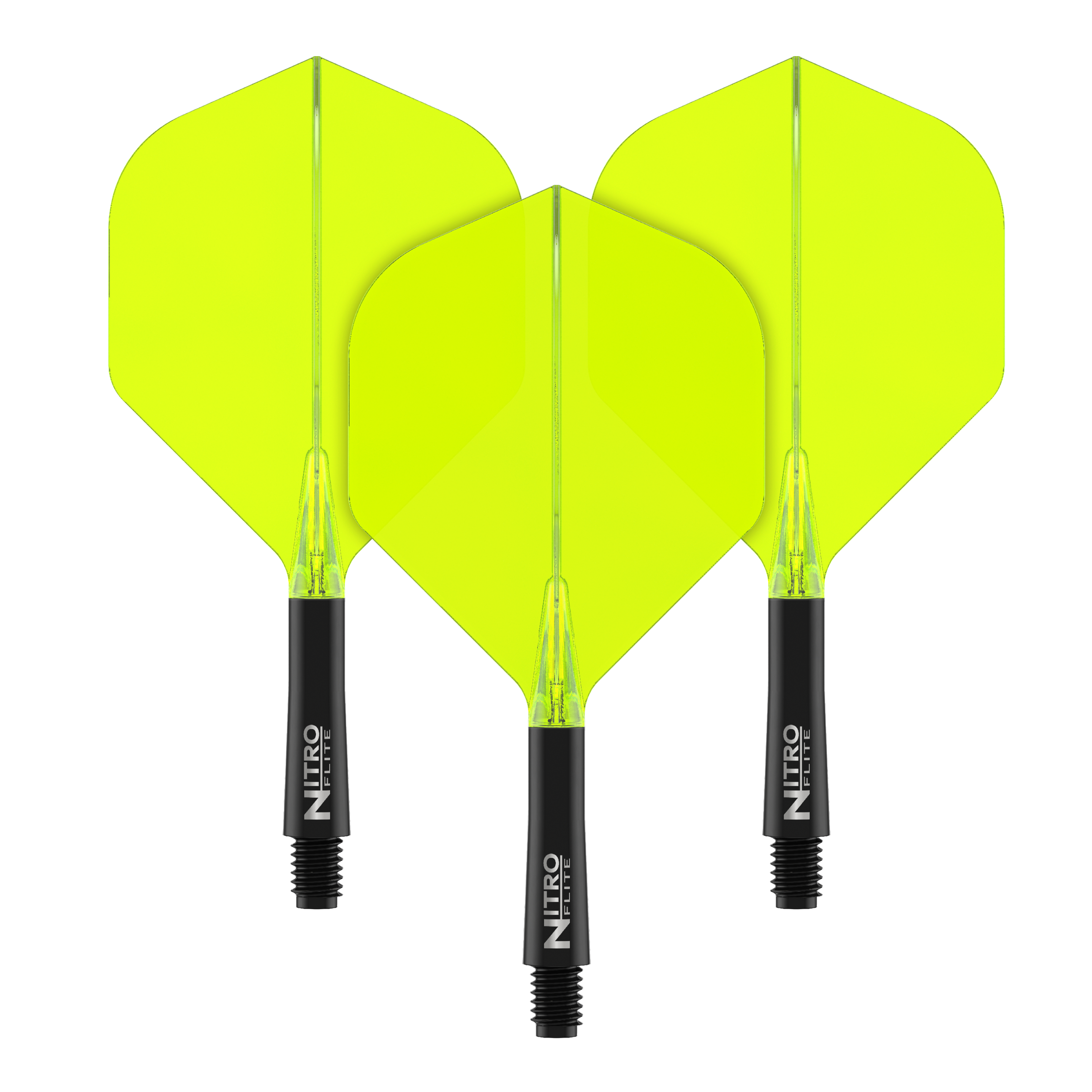 Auf dem Bild sind drei gelbe Dart-Flights mit schwarzen Schäften zu sehen. Auf den Schäften steht der Text "NITRO FLITE".