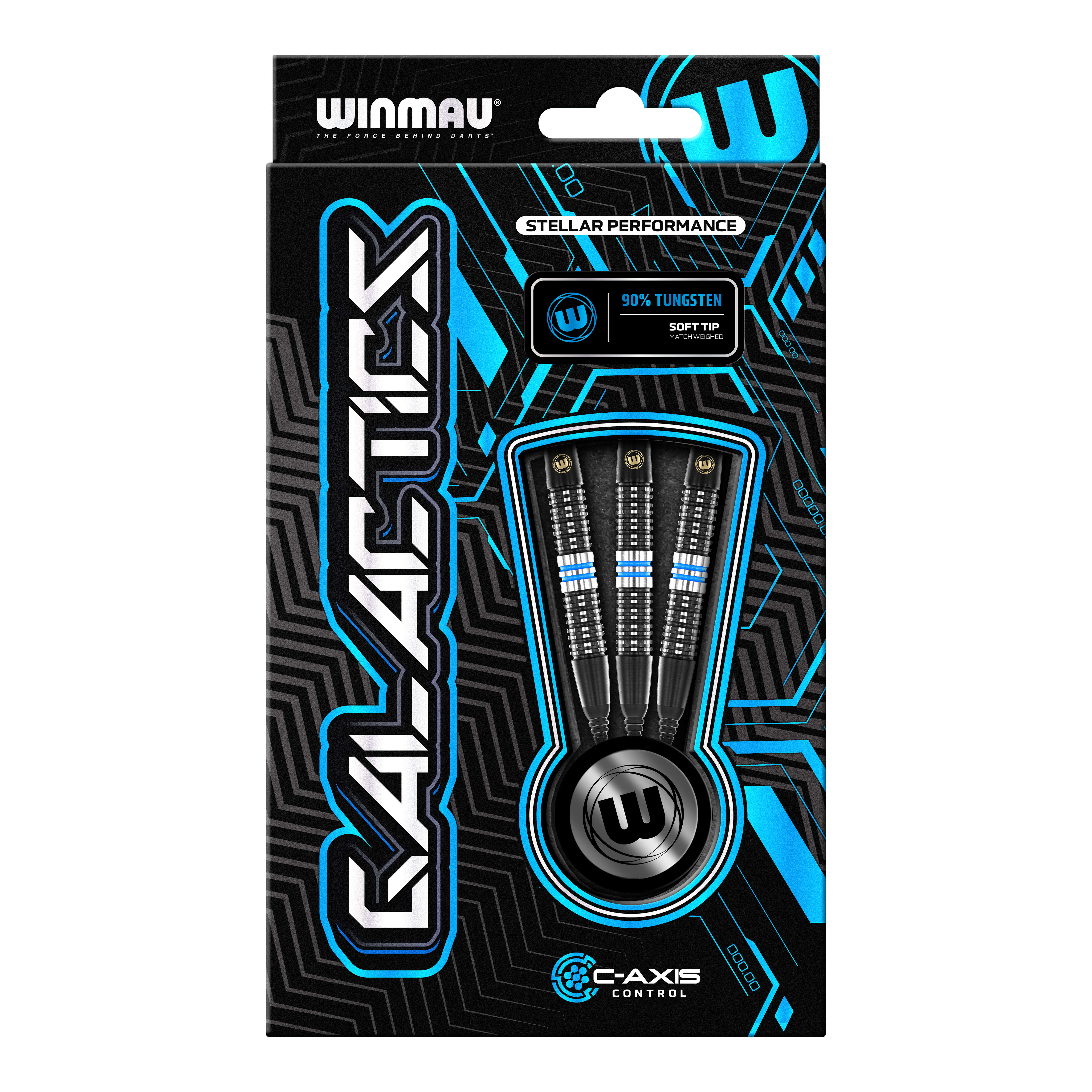 Měkké šipky Winmau Galactics - 20g Die Abbildung zeigt eine Verpackung der "Winmau Galactics Softdarts - 20g". Das Design ist modern und hebt die wichtigsten Merkmale wie 90% Tungsten und Soft Tip hervor.