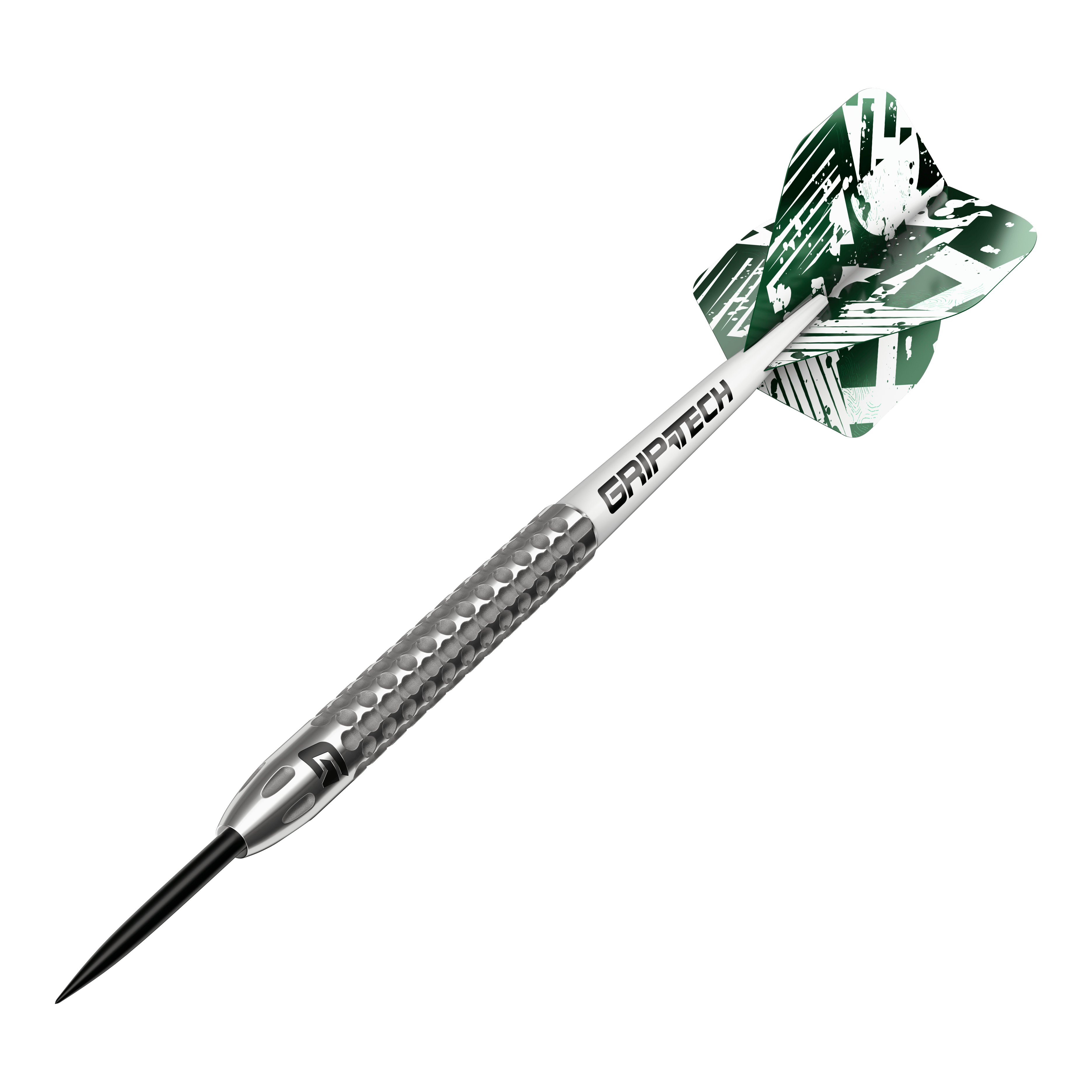 Šipky GOAT Fairway V2 z wolframové oceli Das Bild zeigt einen GOAT Fairway V2 Tungsten Steeldart. Der Dartpfeil hat ein silbernes Griffstück mit strukturierter Oberfläche und grüne Flights mit weißem Muster.