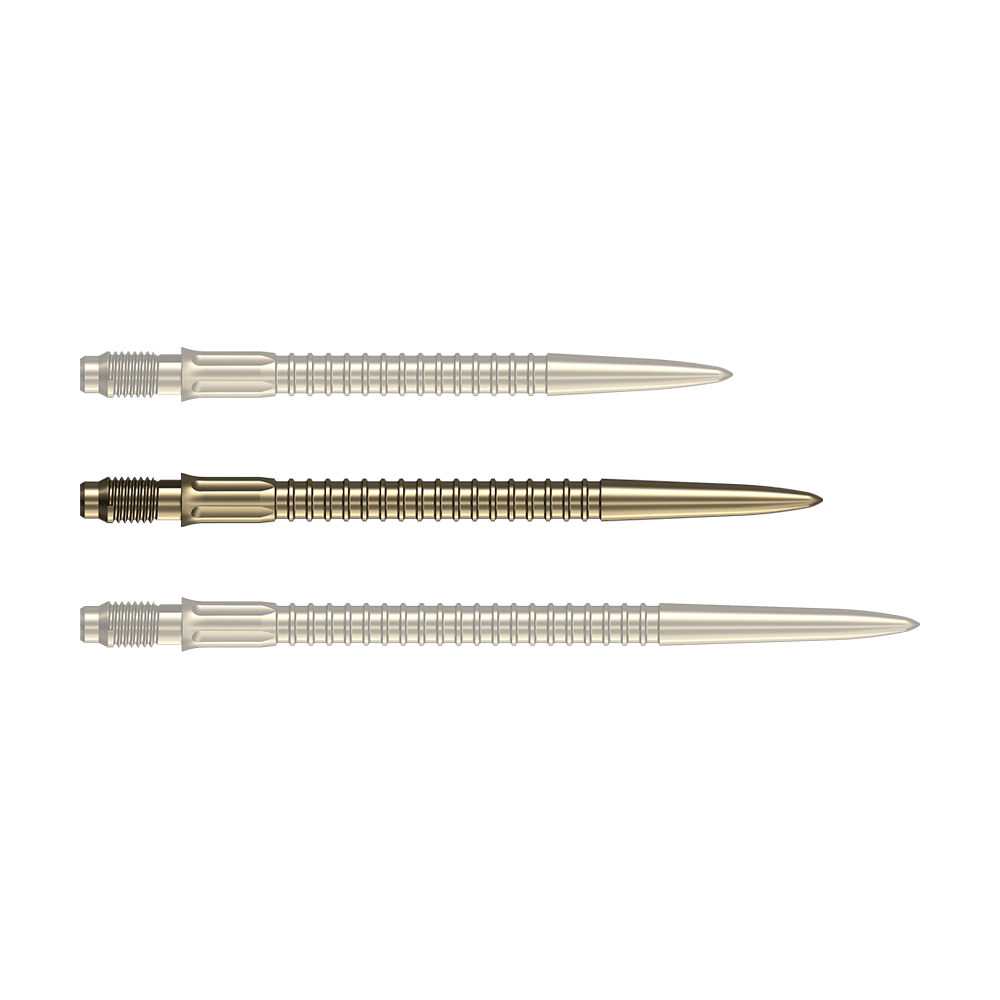 Špičky na šipky Mission R2.5 Rapid Point GV1 - zlaté Eine goldene Dartspitze mit einer Länge von 35mm ist auf dem Foto zu erkennen. Ideal für Dartspieler zur Erneuerung der Pfeile.