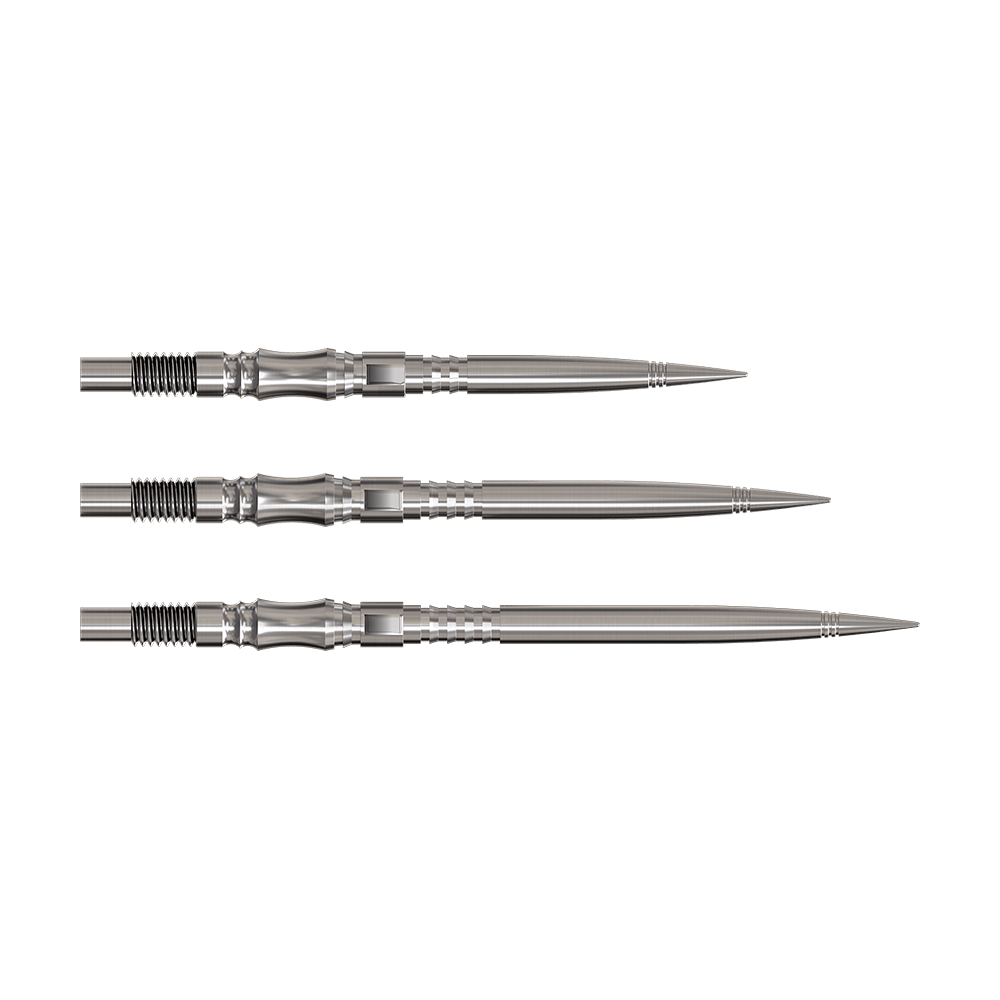 Harrows Quick Point Axis Elite Series Dartspitzen - Silber Dartspitzen der Axis Silver Elite Series werden gezeigt. Sie sind silberfarben und funktional gebaut.