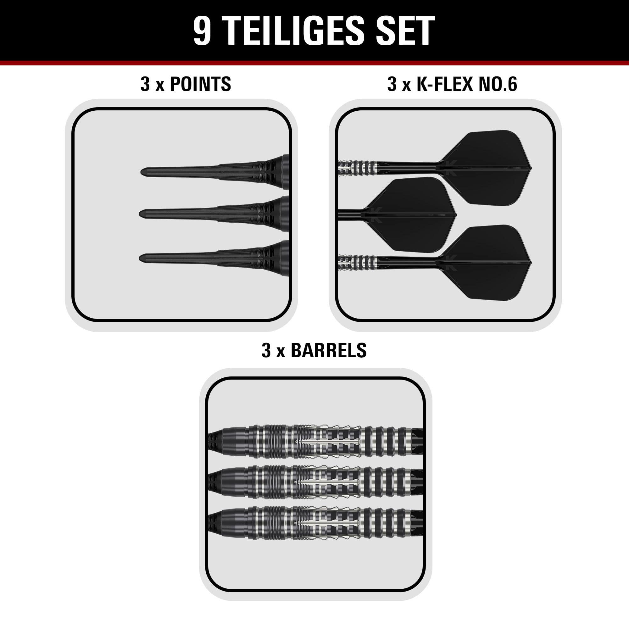 Měkké šipky Target Black Marque Blaze - 18g Gezeigt werden die Target Black Marque Blaze Softdarts mit 18g Gewicht. Diese Softdarts sind für ambitionierte Spieler entworfen.