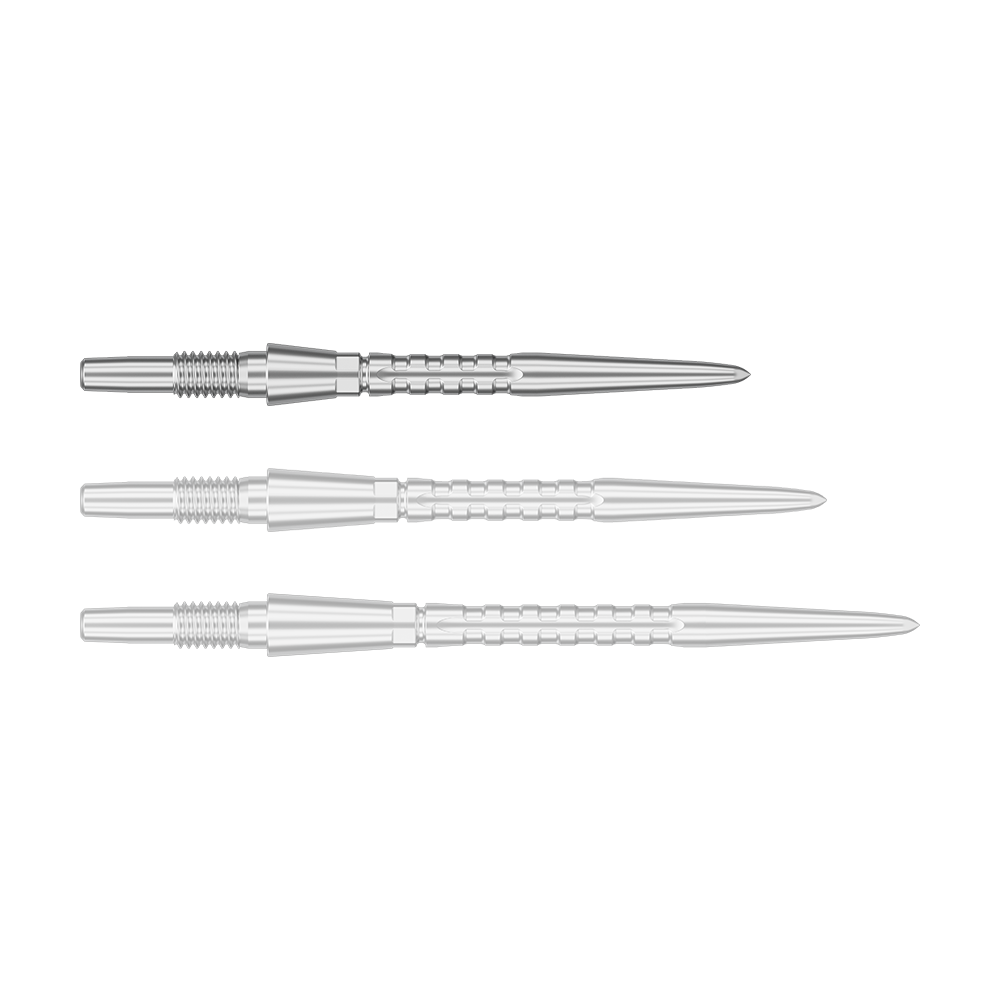Target Swiss Point Storm Surge Steeldartspitzen - Silber Das Bild zeigt drei silberne Steeldartspitzen, die nebeneinander liegen. Sie haben eine gerillte Struktur und eine spitz zulaufende Form.