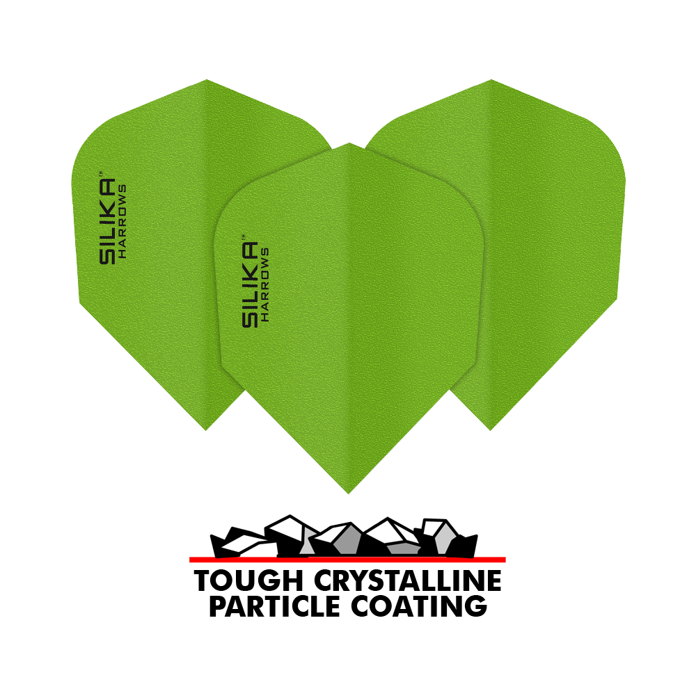 Das Bild zeigt drei grüne Dartflights der Marke Harrows Silika mit der Aufschrift "SILIKA HARROWS". Unten steht der Schriftzug "TOUGH CRYSTALLINE PARTICLE COATING" zusammen mit einer Grafik von kristallartigen Partikeln.