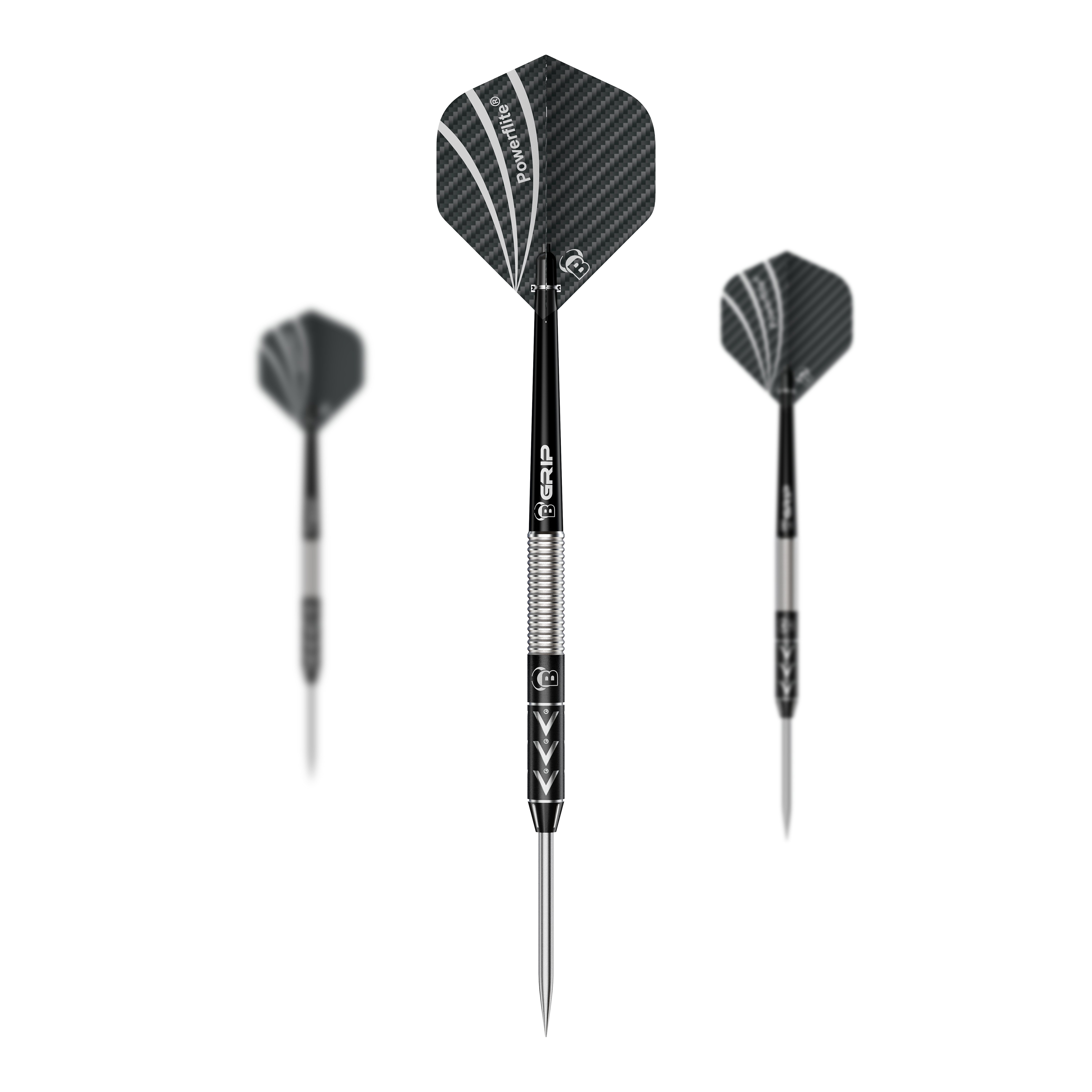 Bulls Challenger Arno Merk ocelové šipky - 22g Das Bild zeigt drei Steeldarts des Modells "Bulls Challenger Arno Merk" mit einem Gewicht von 22g. Die Pfeile haben schwarze Flights mit silbernen Akzenten und einen silber-schwarzen Schaft.