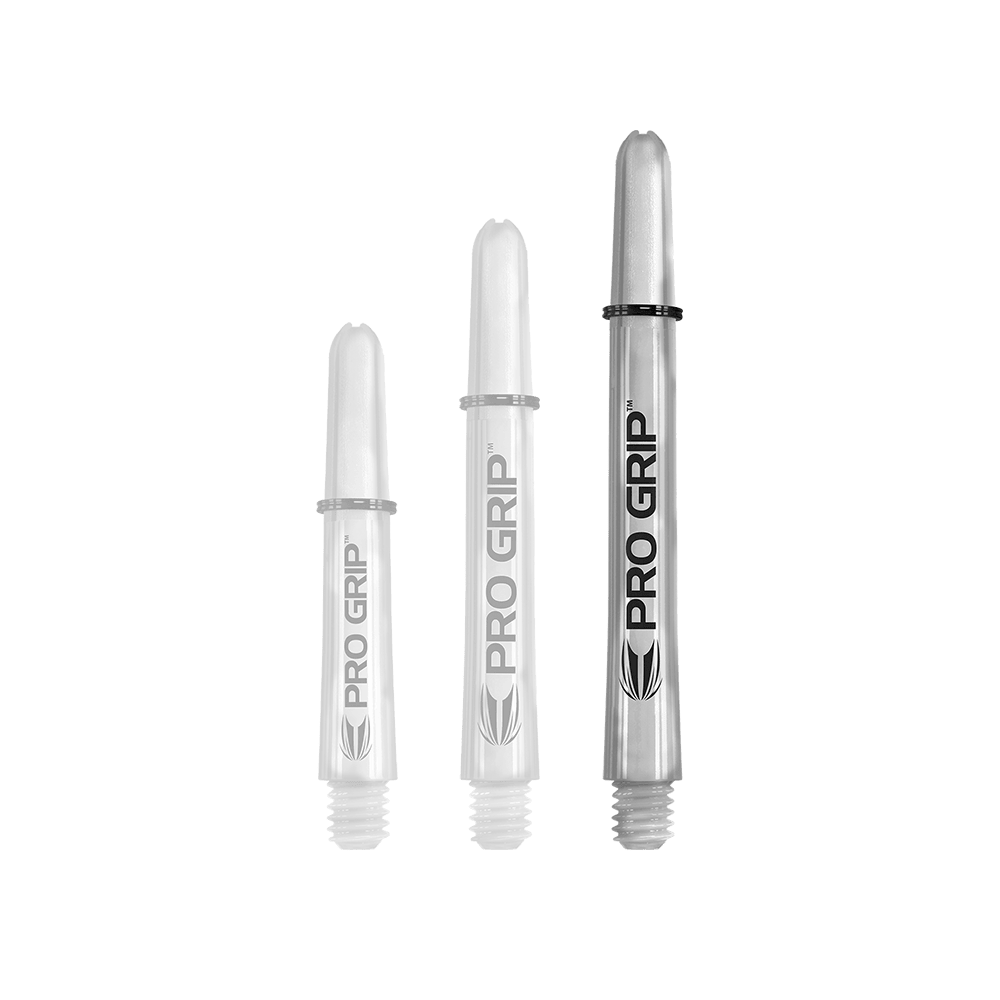 Target Pro Grip Shafts - 3 sady - Transparentní Das Bild zeigt drei transparente Pro Grip Shafts in unterschiedlichen Längen. Sie sind mit der Aufschrift "PRO GRIP" und einem schwarzen Logo versehen.