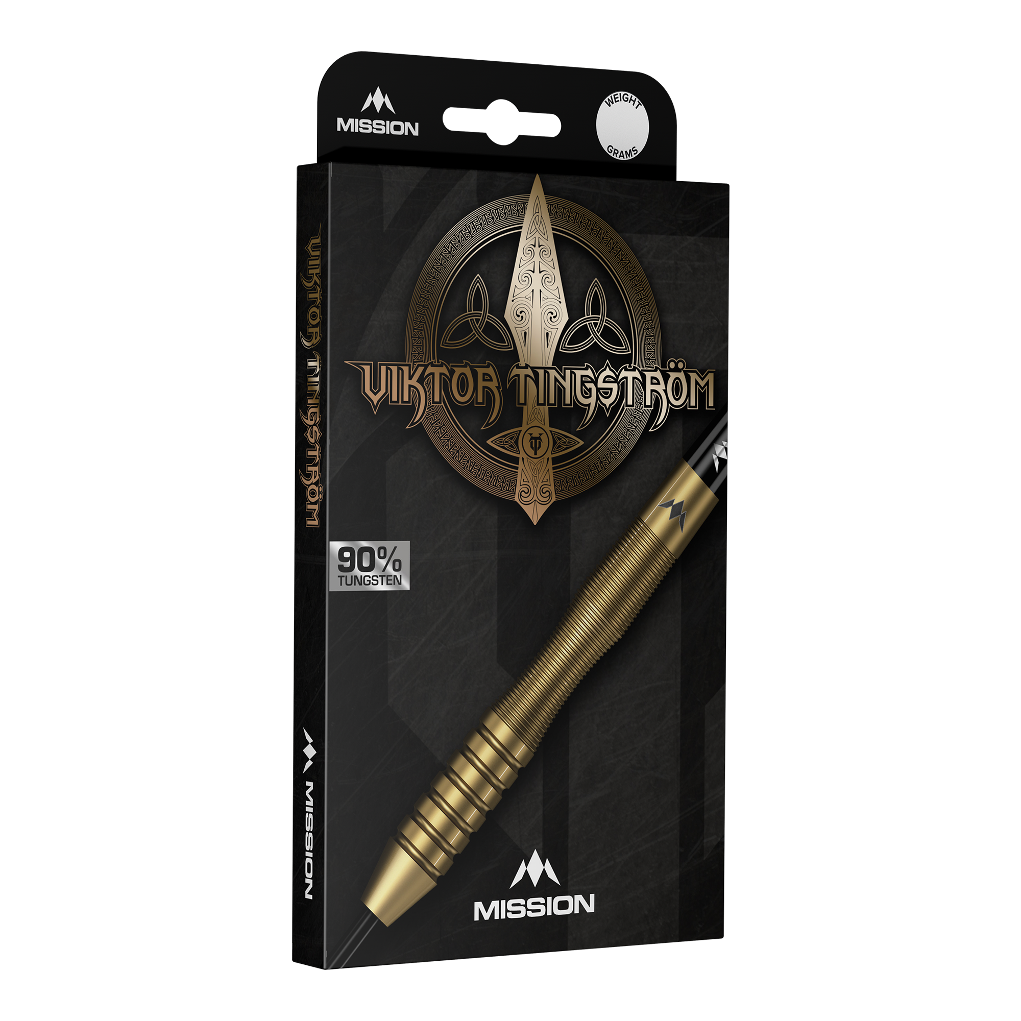 Šipky Mission Viktor Tingstrom Gold Steel - 22g Mission Viktor Tingstrom Gold Steeldarts - 22g, mehrere Dartpfeile werden präsentiert. Die goldene Farbgebung und das spezielle Design sind erkennbar.