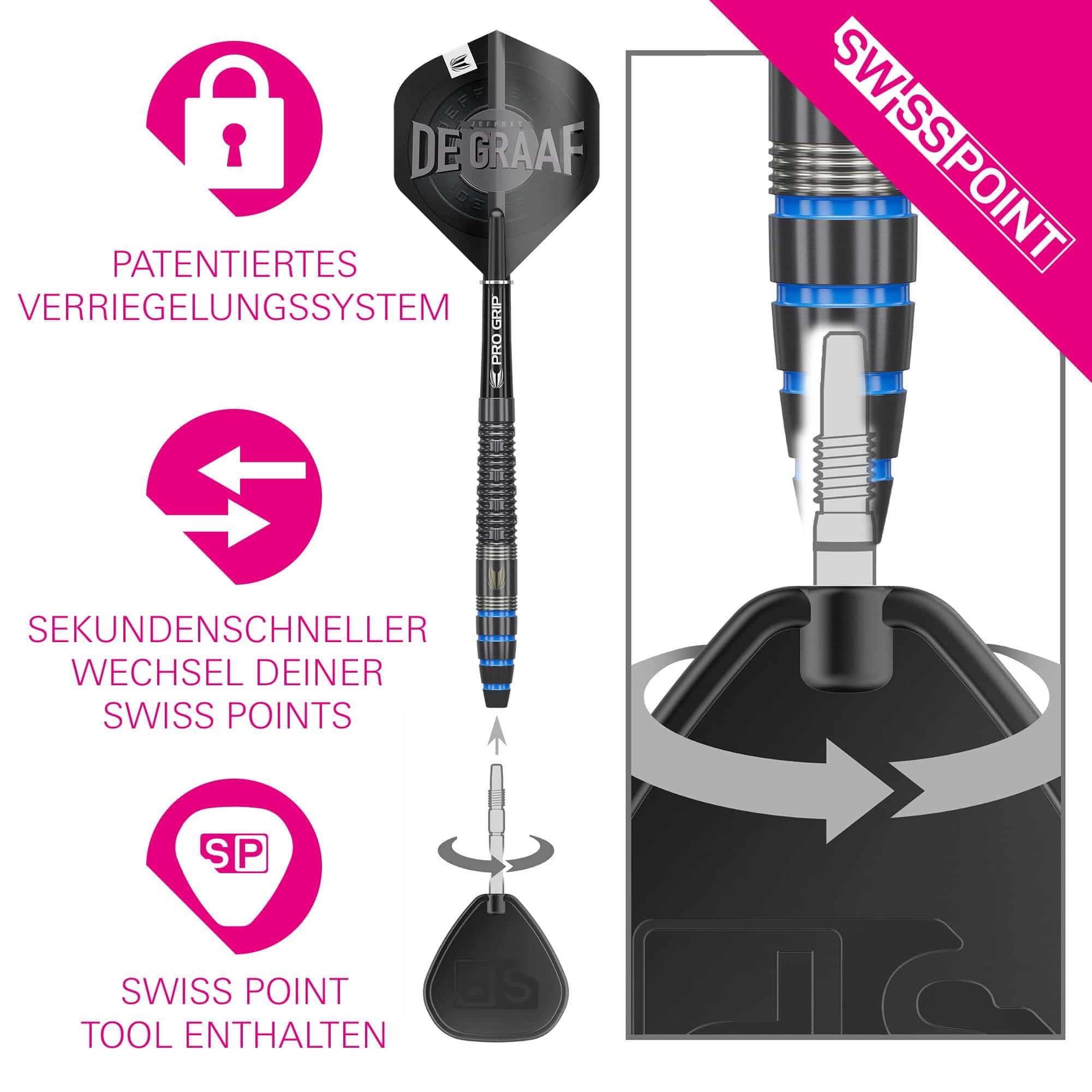 Terč Jeffrey De Graaf GEN1 Swiss Point Steeldarts - 23g Das Bild zeigt den Target Jeffrey De Graaf GEN1 Swiss Point Steeldart mit einem Gewicht von 23g. Es hebt das patentierte Verriegelungssystem, den sekundenschnellen Wechsel der Swiss Points und das enthaltene Swiss Point Tool hervor.