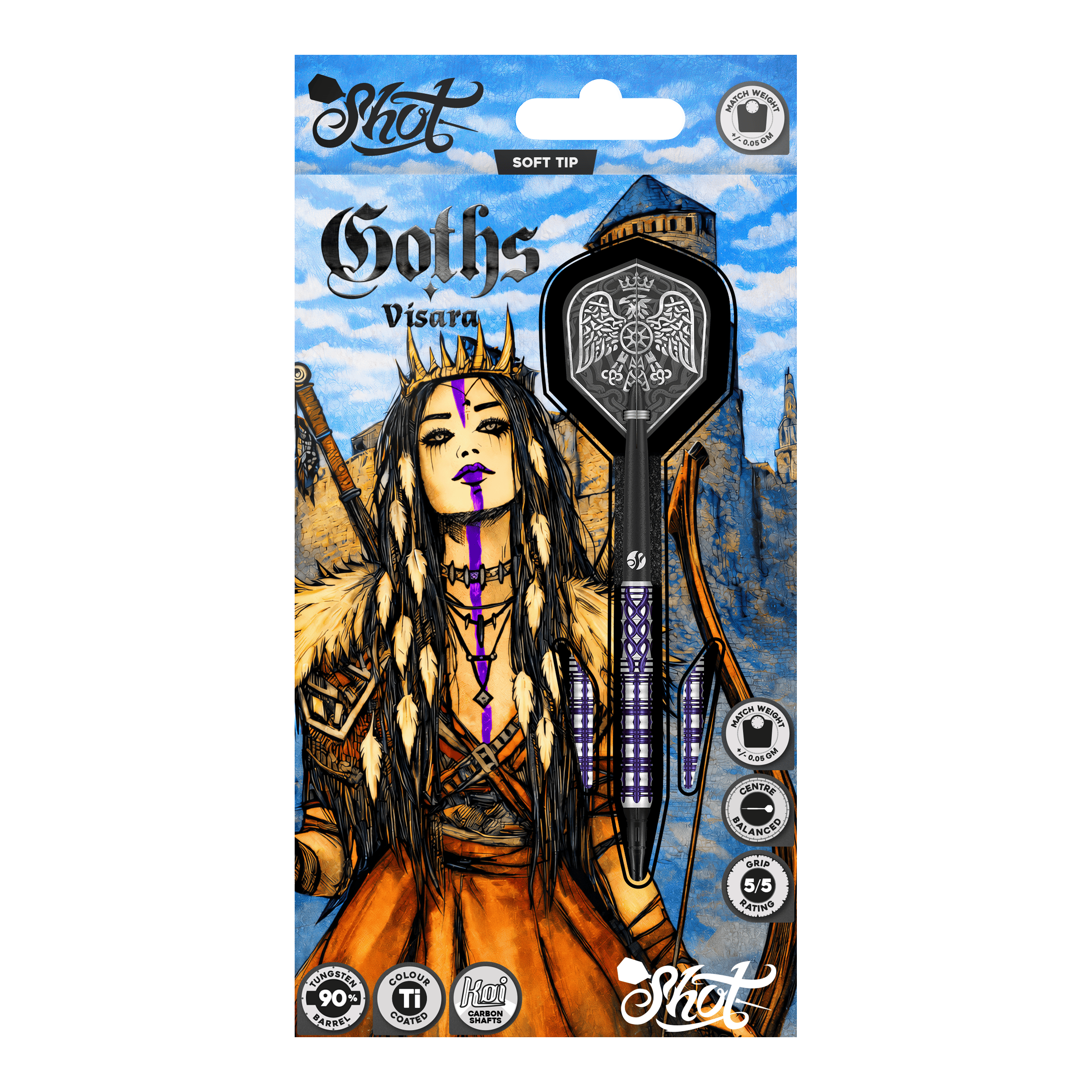 Šipky Shot Goths Visara Soft - 20g Hier sieht man die Shot Goths Visara Softdarts - 20g. Diese hochwertigen Softdarts sind speziell für den Freizeitsport entworfen.