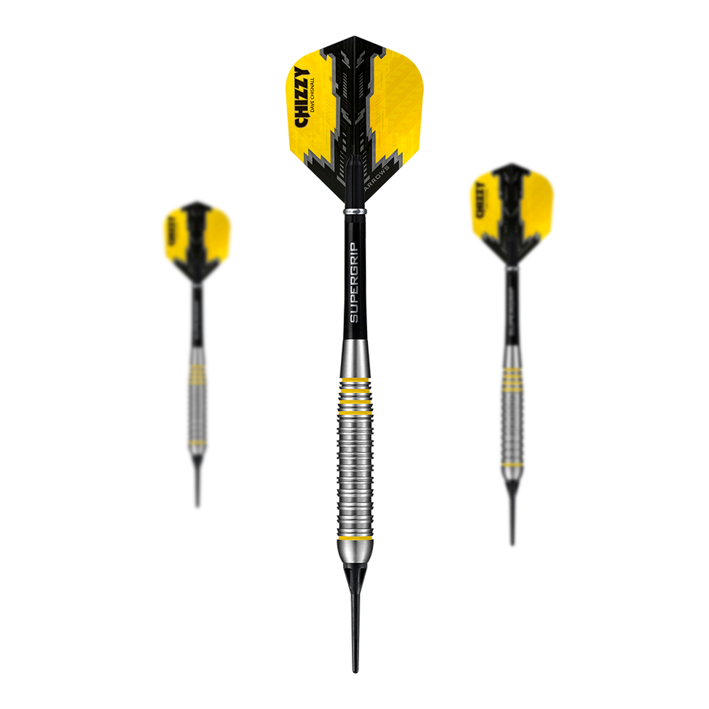 Měkké šipky Harrow's Dave Chisnall Chizzy Brass Das Bild zeigt drei Harrows Dave Chisnall Chizzy Brass Softdarts. Die Pfeile haben gelb-schwarze Flights und einen geriffelten silbernen Barrel.