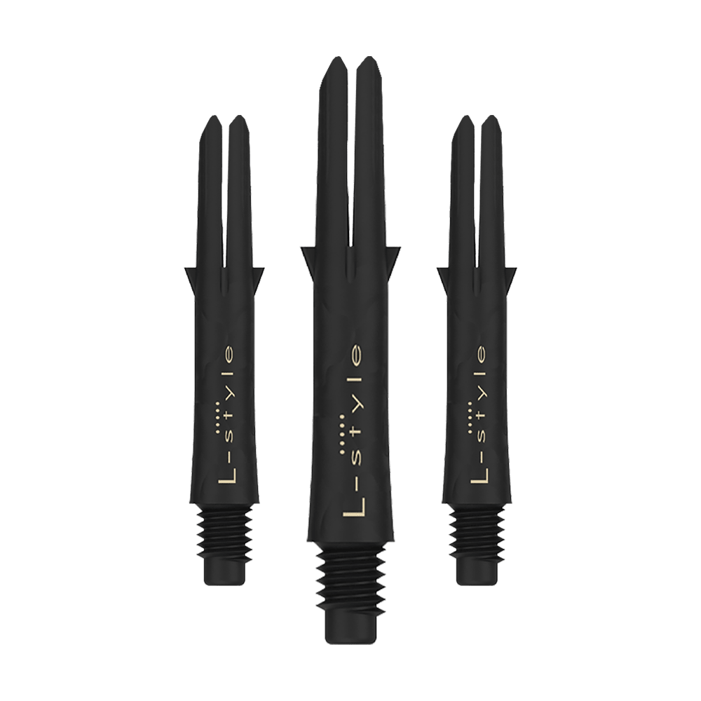 Karbonové šachty ve stylu L Das Bild zeigt drei schwarze Carbon Shafts für Dartpfeile der Marke L-Style. Die Shafts sind ohne Kappen und besitzen eine goldene Schrift.