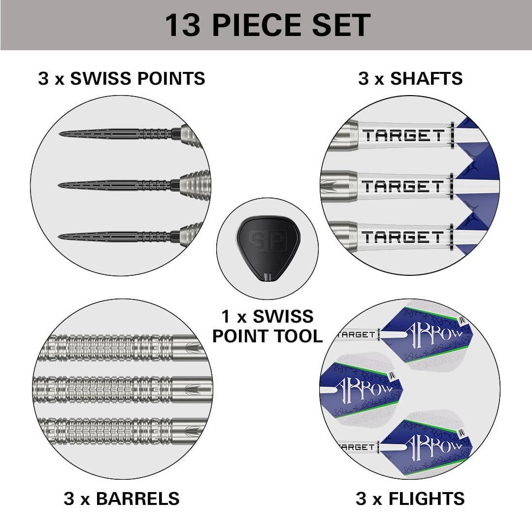 Ocelové šipky Target Shane McGuirk GEN1 Swiss Point - 23g Das Bild zeigt ein 13-teiliges Set des Produkts „Target Shane McGuirk GEN1 Swiss Point Steeldarts - 23g“. Enthalten sind 3 Swiss Points, 3 Shafts, 3 Barrels, 3 Flights und 1 Swiss Point Tool.