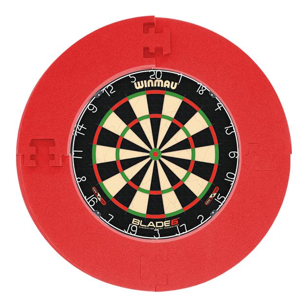 Balíček Winmau Blade 6 s 9 ocelovými šipkami McDart a záchytným kroužkem Gezeigt wird das Winmau Blade 6 Bundle mit 12 McDart Steeldarts und einem roten Catchring. Das Bild stellt ein Darts-Set dar.