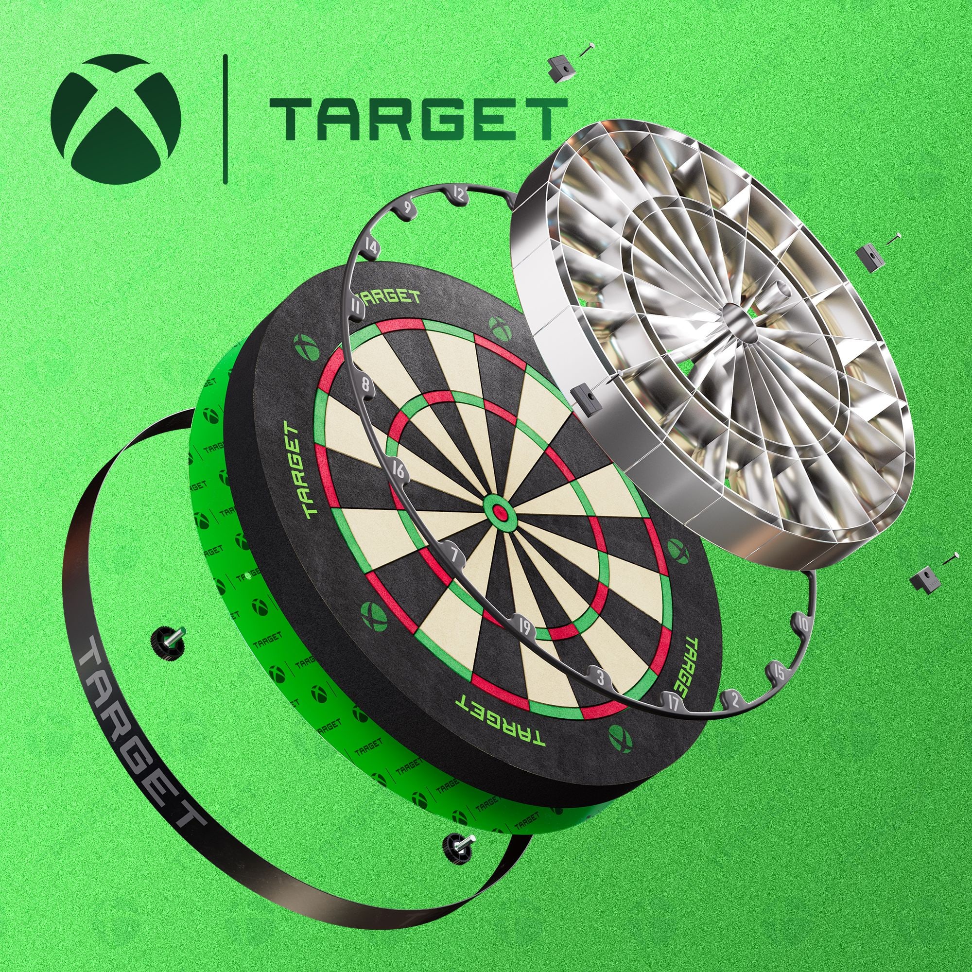 Sada prostorového prostoru pro terč Target Xbox Zu sehen ist das Target Xbox Dartboard Surround Bundle. Es bietet Zubehör für Dartbegeisterte.