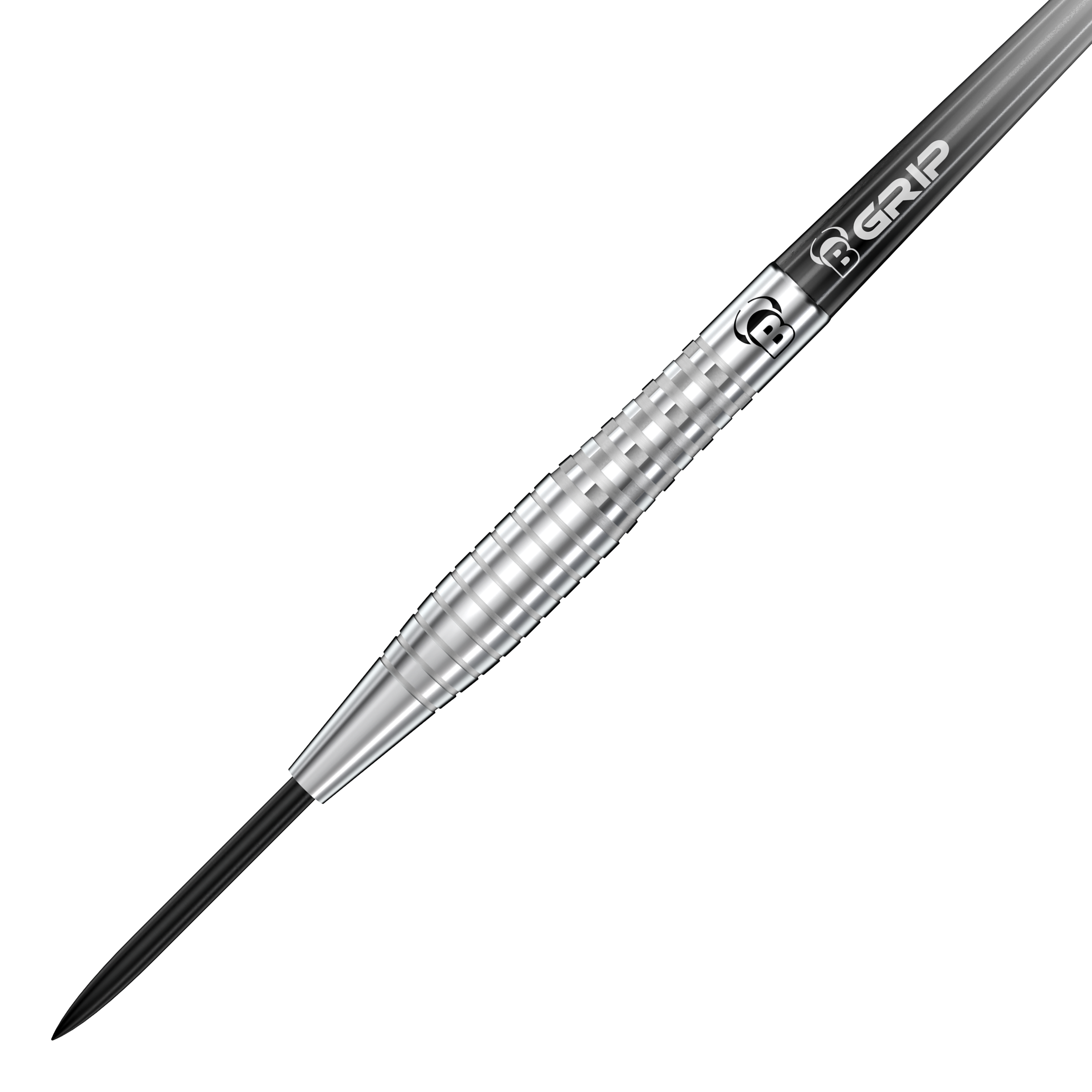 Ocelové šipky Bulls Martin Schindler Original Generation 2 Das Bild zeigt einen silbernen Steeldart der Marke Bulls, Modell Martin Schindler Original Generation 2. Der Dart hat eine gerillte Oberfläche für besseren Grip und eine schwarze Stahlspitze.