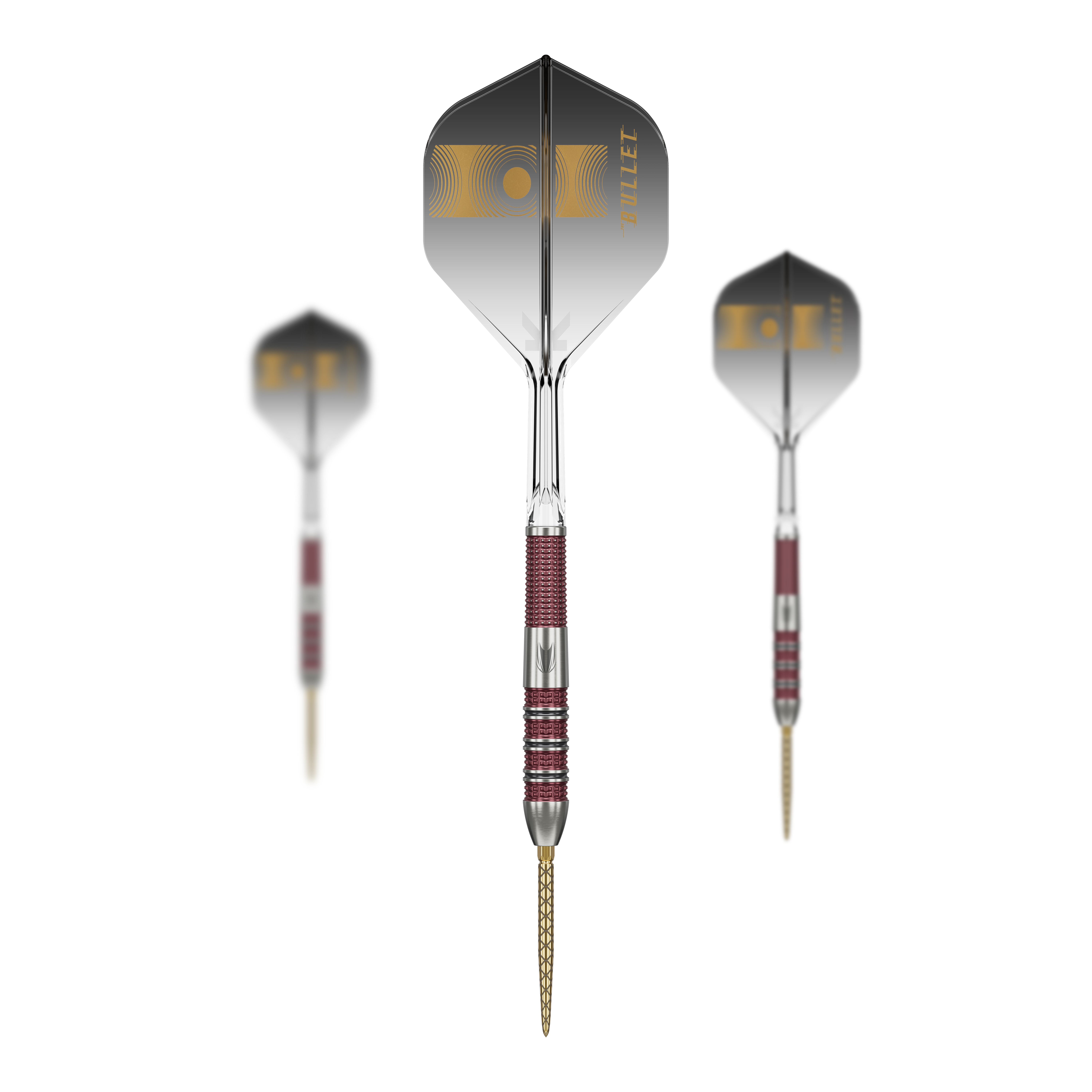 Šipky Target Stephen Bunting 95K Swiss Point Steel Das Bild zeigt drei Target Stephen Bunting 95K Swiss Point Steeldarts. Die Darts haben schwarze Flights mit goldenen Akzenten und einen rot-silbernen Griffbereich.