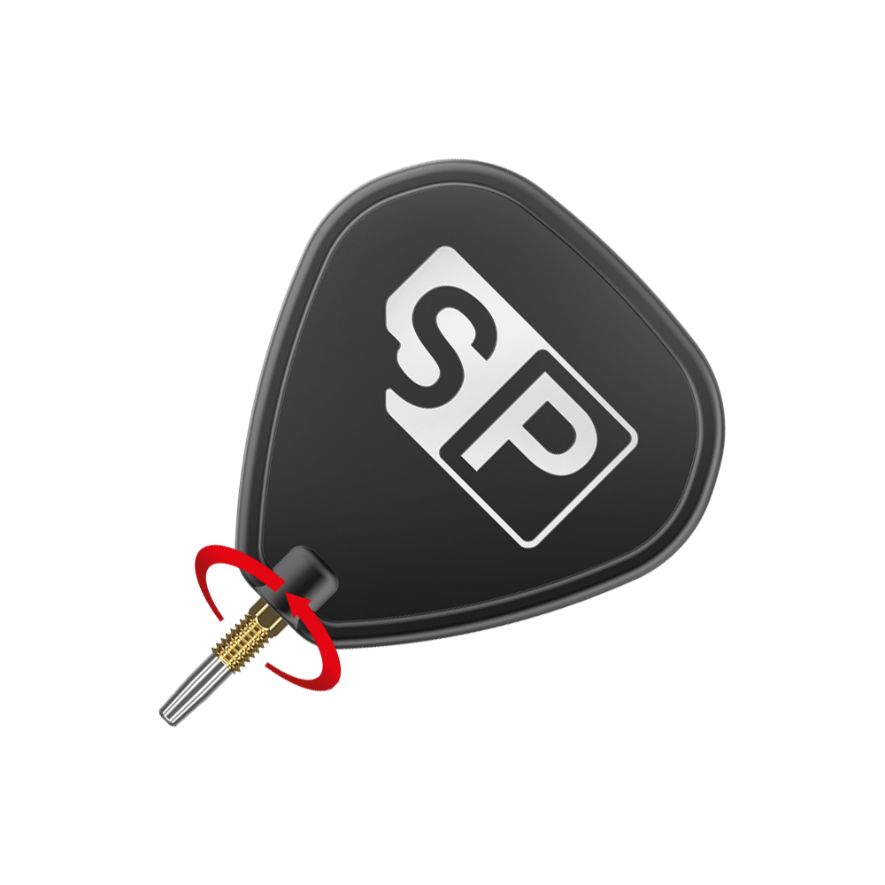 Zaměřte hroty šipek Swiss Diamond Pro Gold Das Bild zeigt eine schwarze Dartspitze mit goldfarbenem Gewinde und der Aufschrift „SP“. Ein roter Pfeil illustriert die Drehbewegung zum Befestigen oder Lösen der Spitze.