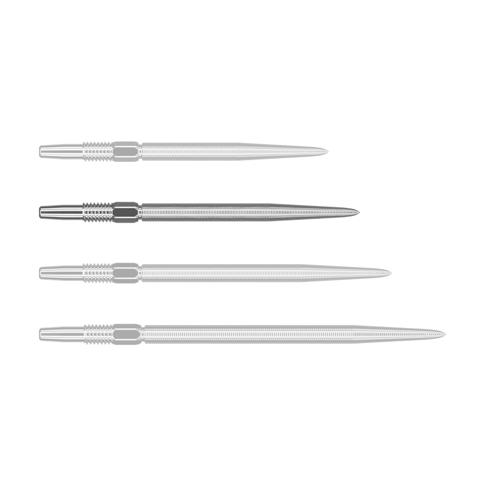 Targetové hroty Swiss Point Nano Dart - Stříbrné Auf dem Bild sind vier silberne Dartspitzen in einer Reihe nebeneinander zu sehen. Sie sind schmal, lang und haben feine Rillen entlang der Oberfläche.