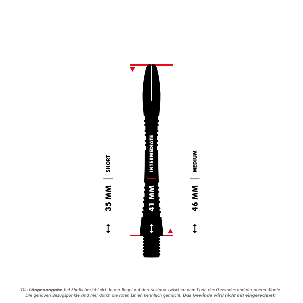 7013_Winmau_Triad_Aluminium_Shafts_5_41mm Das Bild zeigt einen Vergleich der Längen von Dartshafts, wobei die mittlere Größe (Intermediate) mit 41 mm hervorgehoben ist. Die anderen beiden aufgeführten Längen sind 35 mm (Short) und 46 mm (Medium).